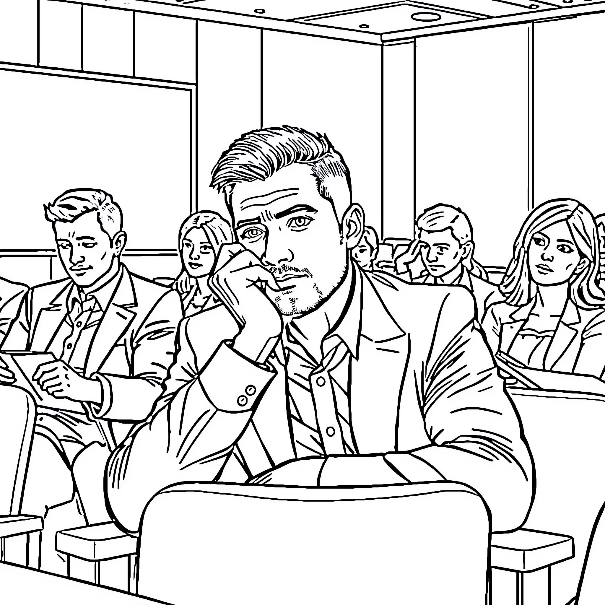 Man in business meeting with coworkers Coloring Page (free black-and-white line drawing printable PDF for all, from beginners to advanced learners, including children, teens, adults, and seniors)