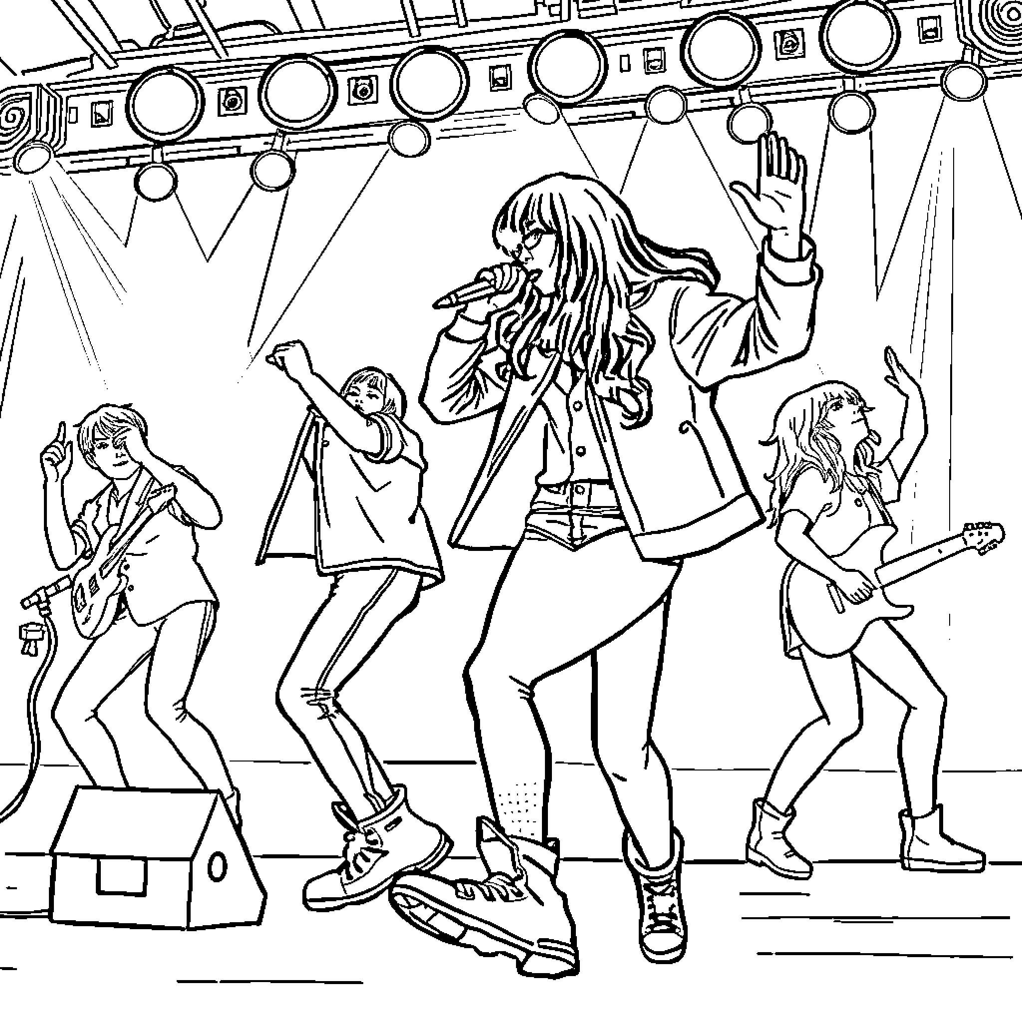 Kpop Idols Performing on Stage with Lively Expressions Coloring Page (free black-and-white line drawing printable PDF for all, from beginners to advanced learners, including children, teens, adults, and seniors)