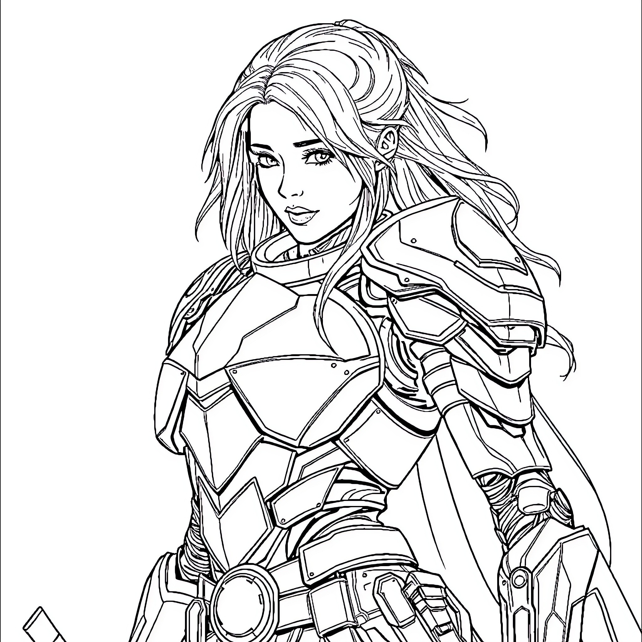 Woman in futuristic armored attire Coloring Page (free black-and-white line drawing printable PDF for all, from beginners to advanced learners, including children, teens, adults, and seniors)