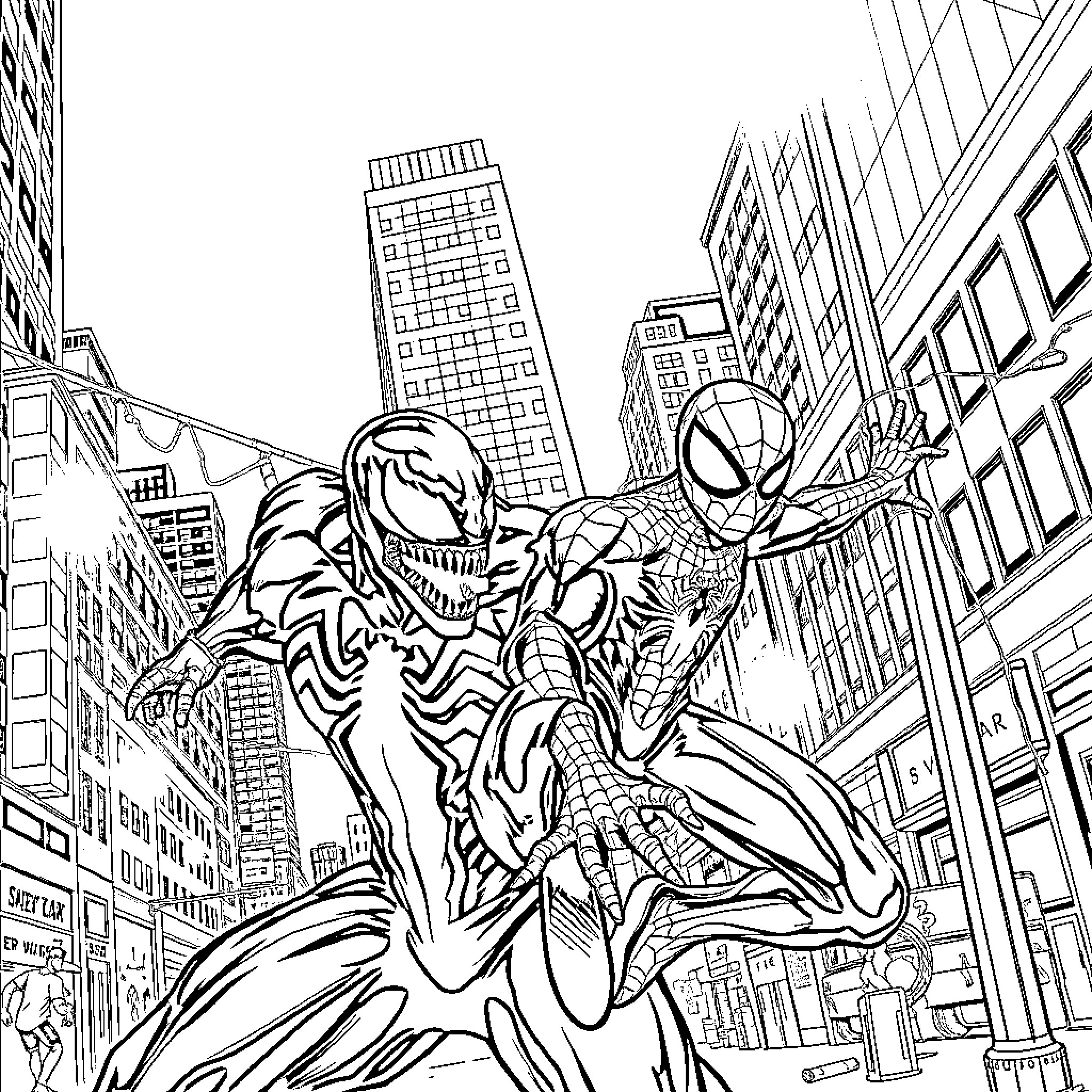 Venom Confronts Spiderman in the City Skyline Coloring Page (free black-and-white line drawing printable PDF for all, from beginners to advanced learners, including children, teens, adults, and seniors)