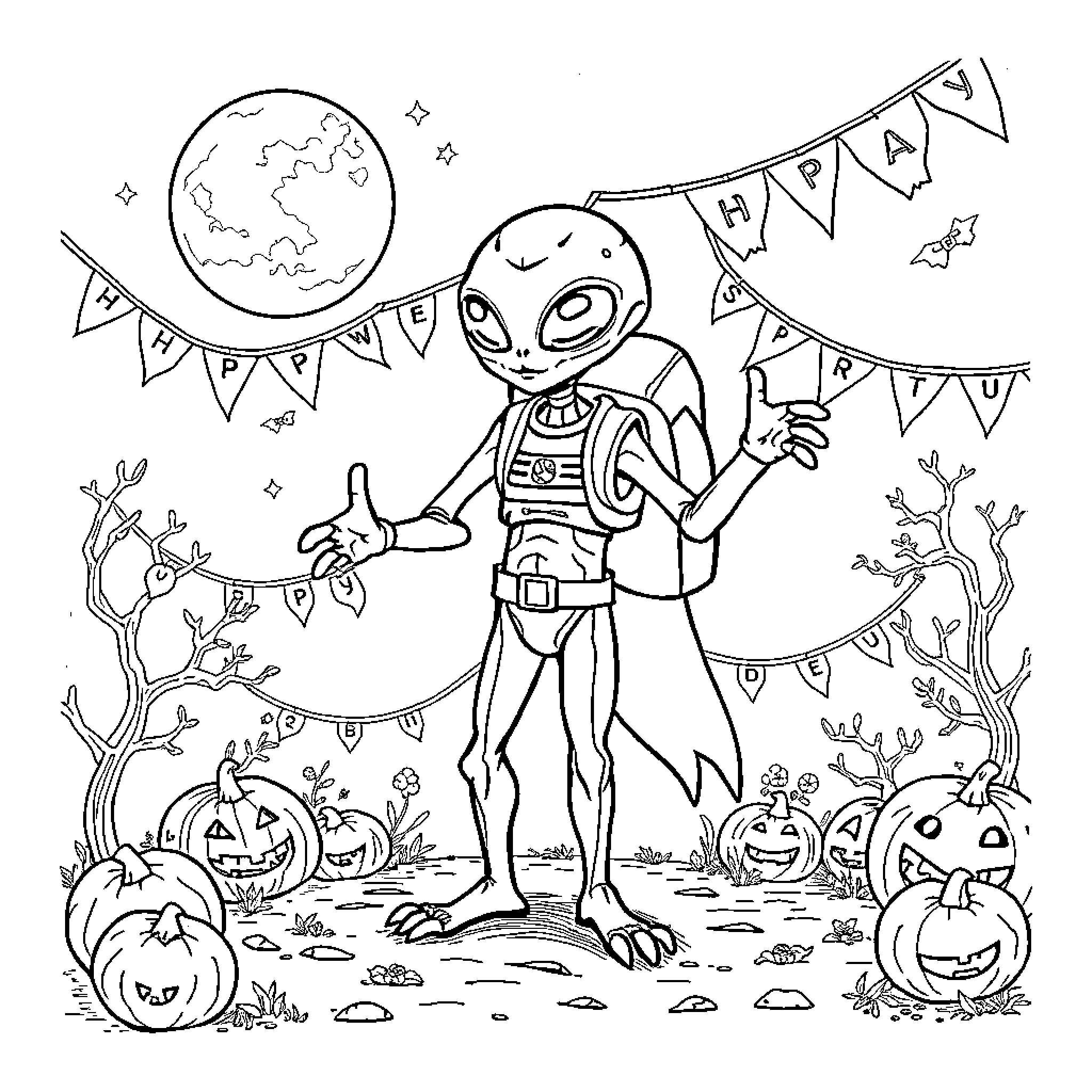 Alien celebrating Halloween joyfully in the park Coloring Page (free black-and-white line drawing printable PDF for all, from beginners to advanced learners, including children, teens, adults, and seniors)