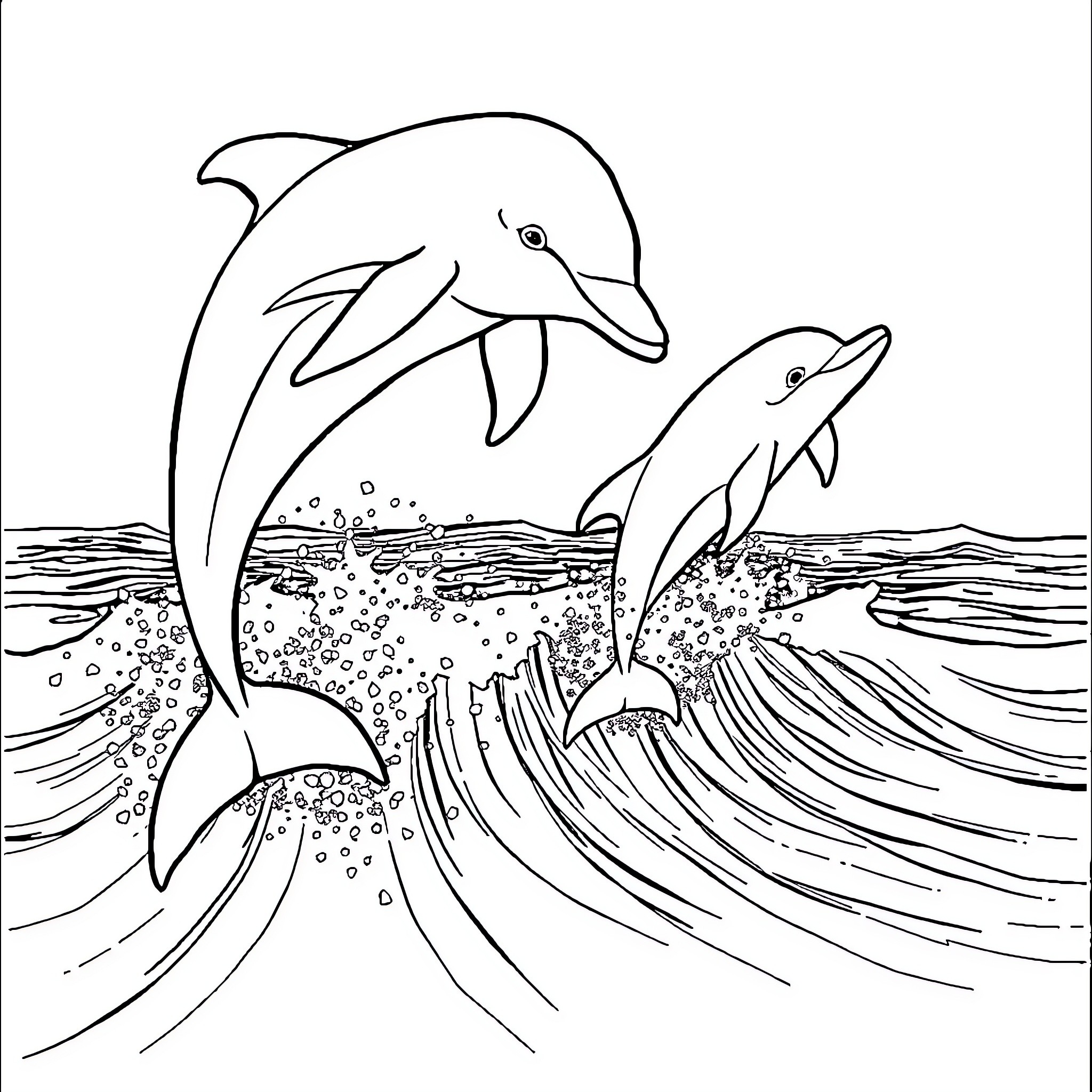 Dolphins leaping through ocean waves Coloring Page (free black-and-white line drawing printable PDF for all, from beginners to advanced learners, including children, teens, adults, and seniors)