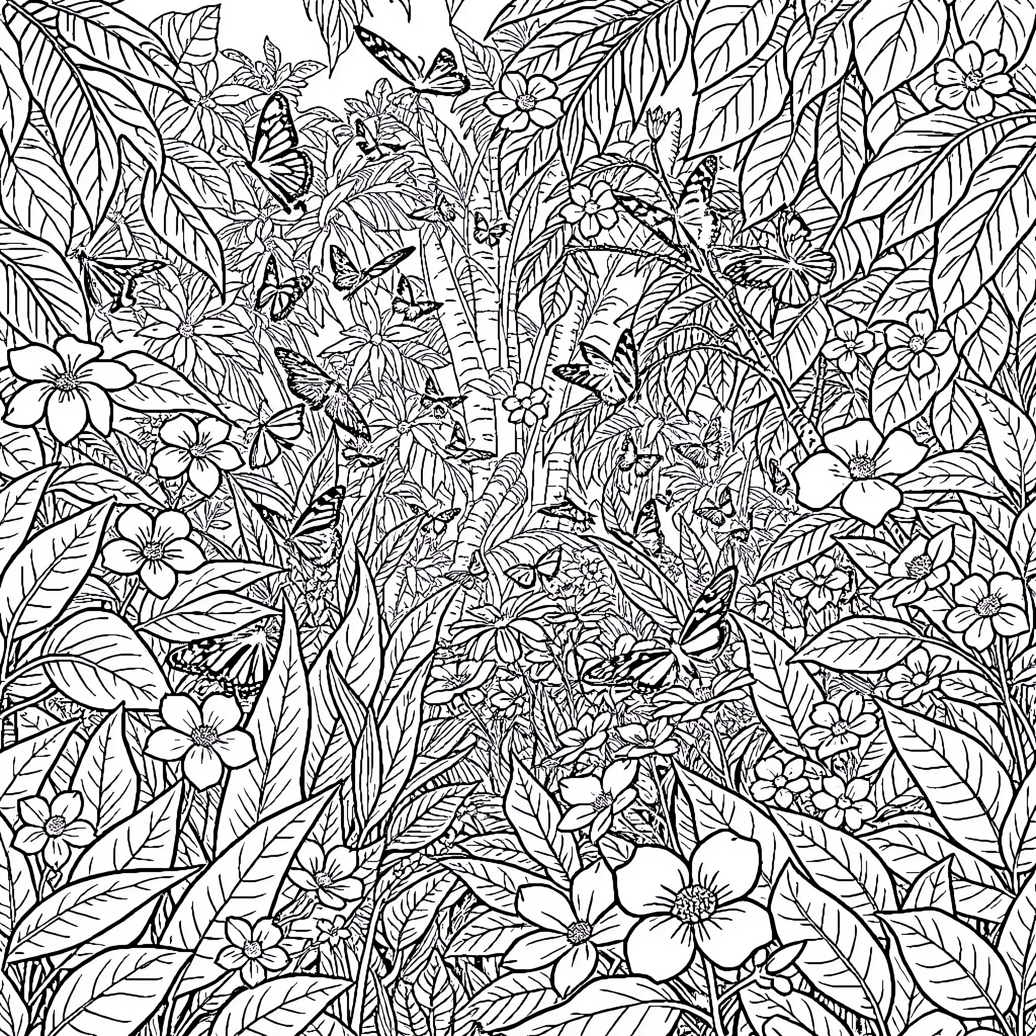 Butterfly Garden with Lush Foliage and Blooms Coloring Page (free black-and-white line drawing printable PDF for all, from beginners to advanced learners, including children, teens, adults, and seniors)