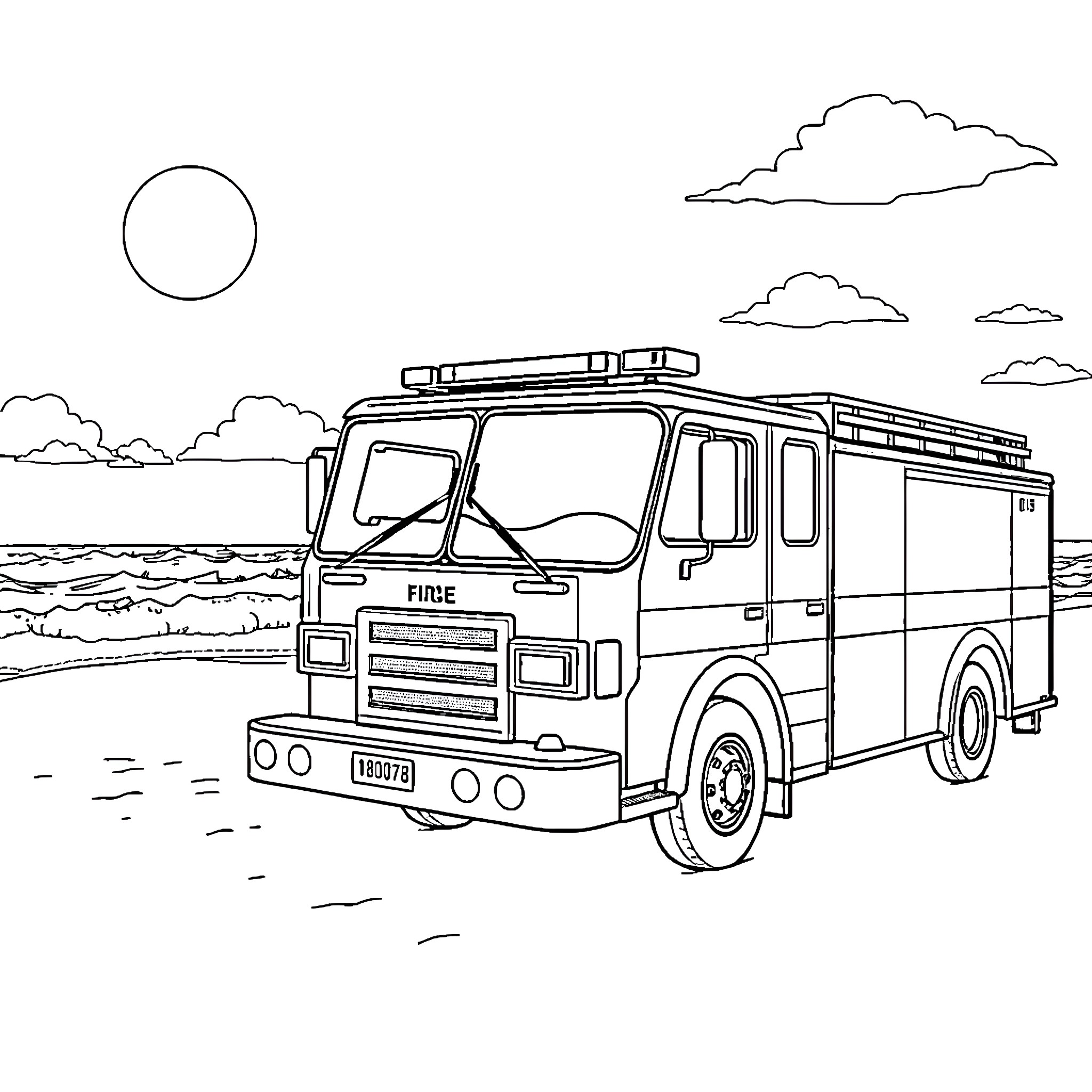 Fire Truck Responding to Emergency Scene Coloring Page (free black-and-white line drawing printable PDF for all, from beginners to advanced learners, including children, teens, adults, and seniors)