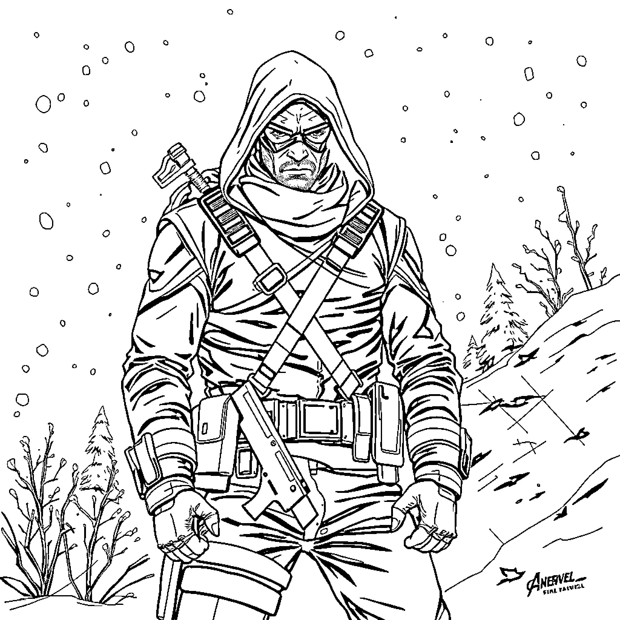 Winter Soldier in Snowy Wilderness Coloring Page (free black-and-white line drawing printable PDF for all, from beginners to advanced learners, including children, teens, adults, and seniors)