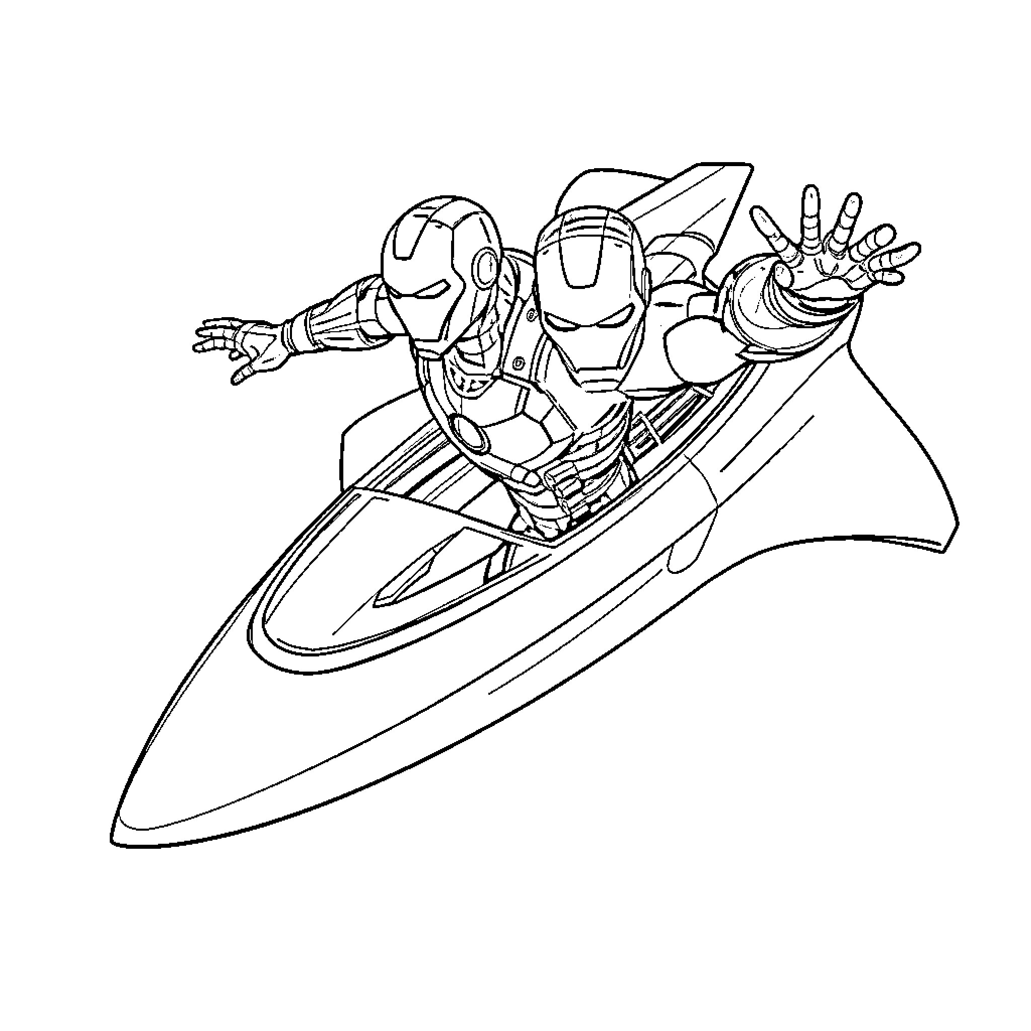 Ironman riding a futuristic vehicle Coloring Page (free black-and-white line drawing printable PDF for all, from beginners to advanced learners, including children, teens, adults, and seniors)