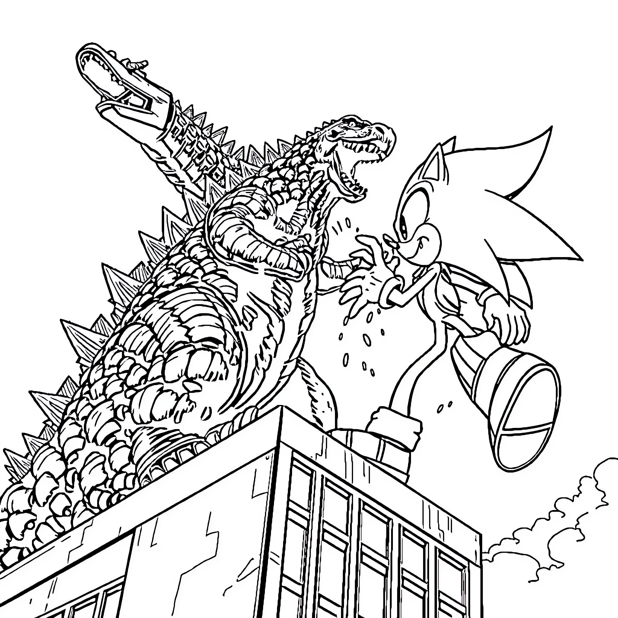 Godzilla battles Sonic the Hedgehog in the city Coloring Page (free black-and-white line drawing printable PDF for all, from beginners to advanced learners, including children, teens, adults, and seniors)