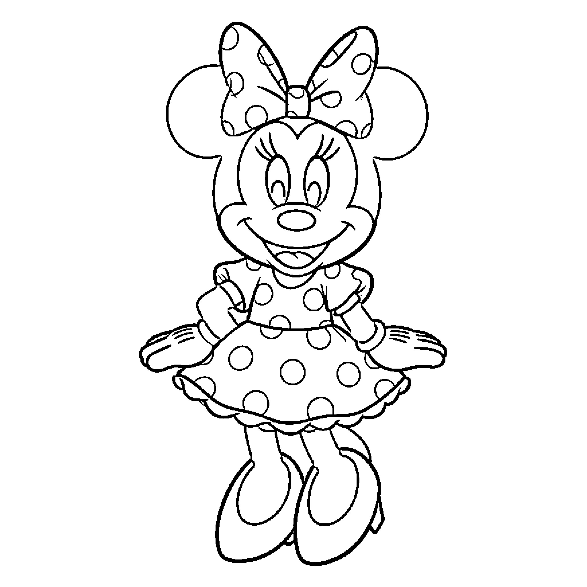 Minimouse wearing a polka dot dress and bow Coloring Page (free black-and-white line drawing printable PDF for all, from beginners to advanced learners, including children, teens, adults, and seniors)