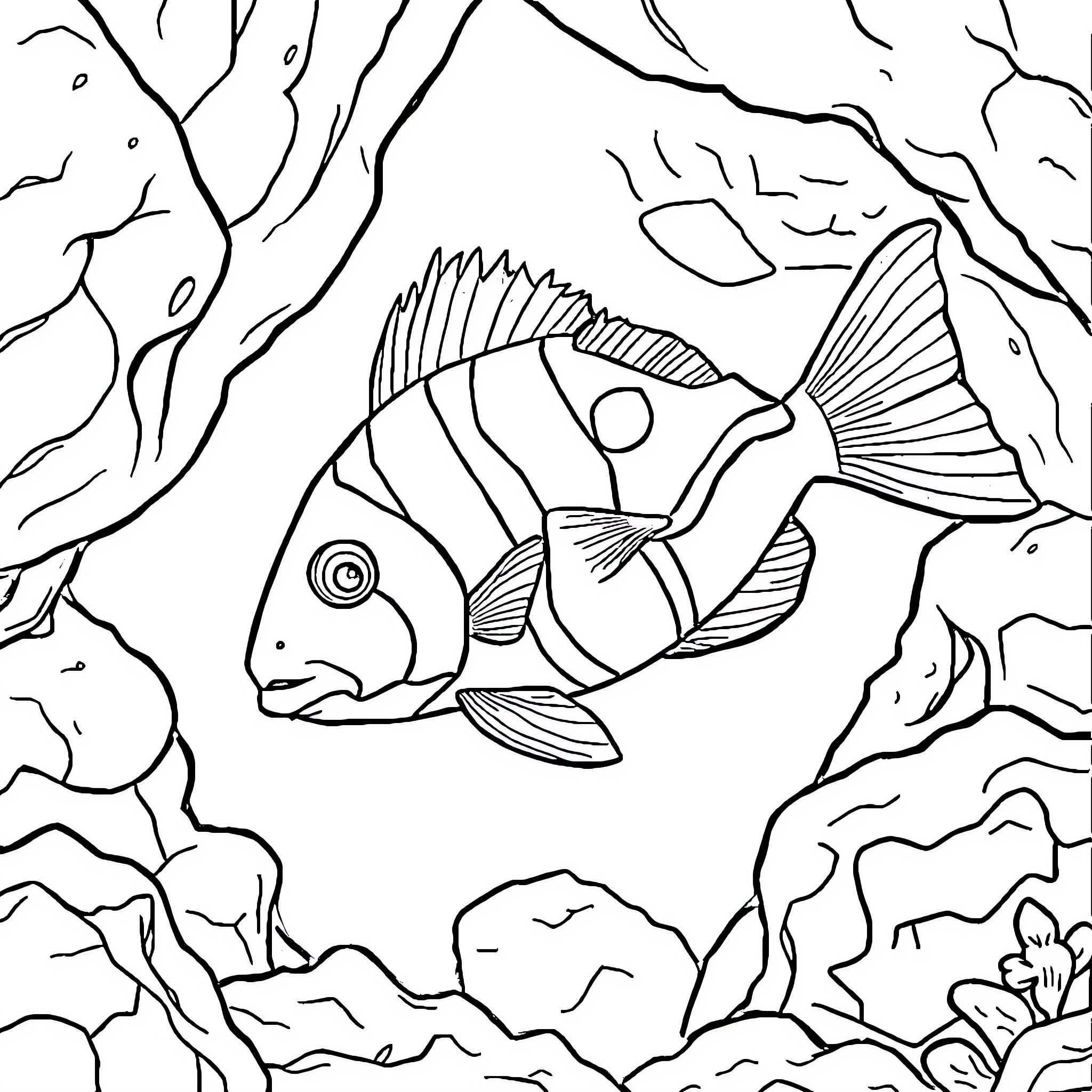 Clownfish exploring the underwater coral reef Coloring Page (free black-and-white line drawing printable PDF for all, from beginners to advanced learners, including children, teens, adults, and seniors)