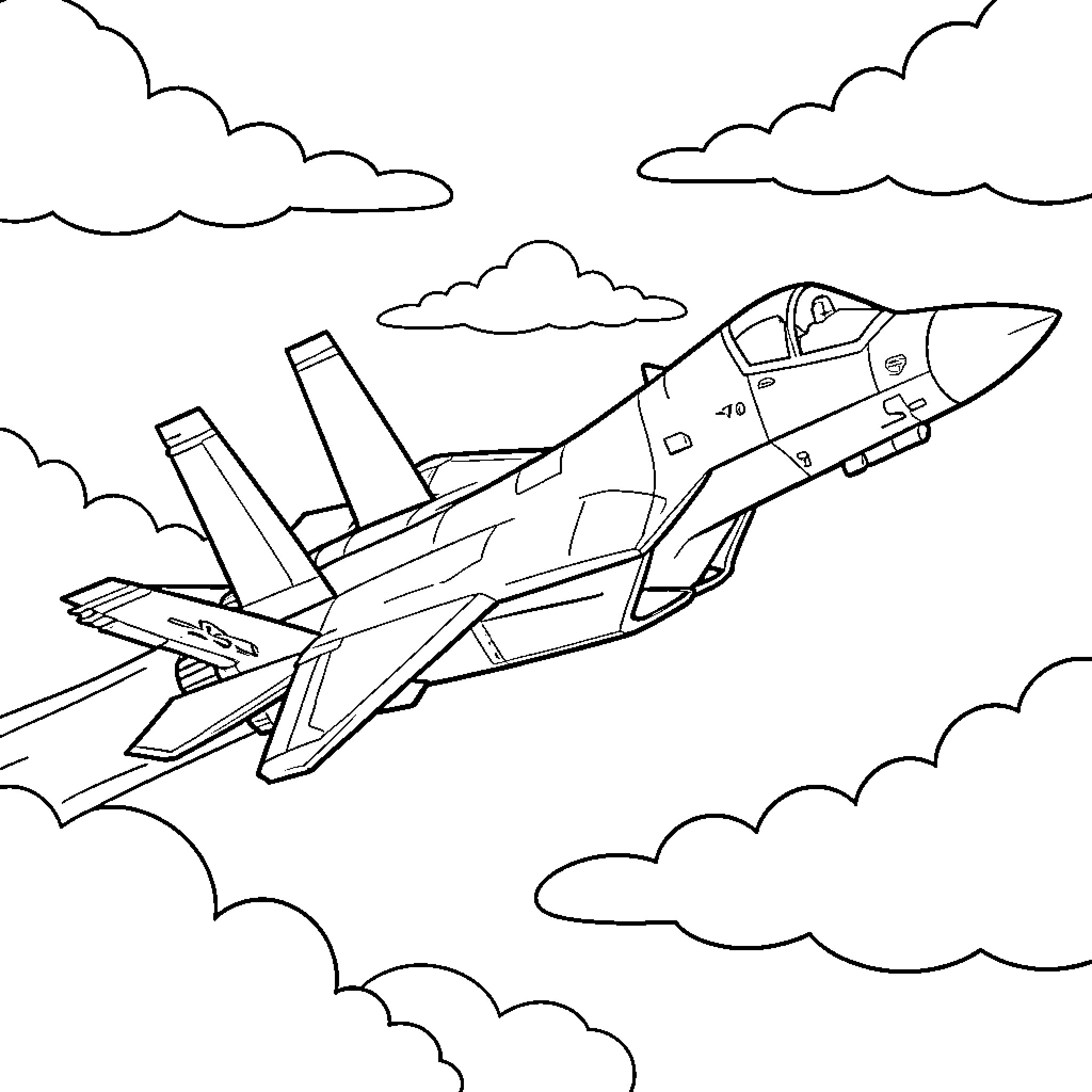 F22 Raptor soaring through the clouds in flight Coloring Page (free black-and-white line drawing printable PDF for all, from beginners to advanced learners, including children, teens, adults, and seniors)