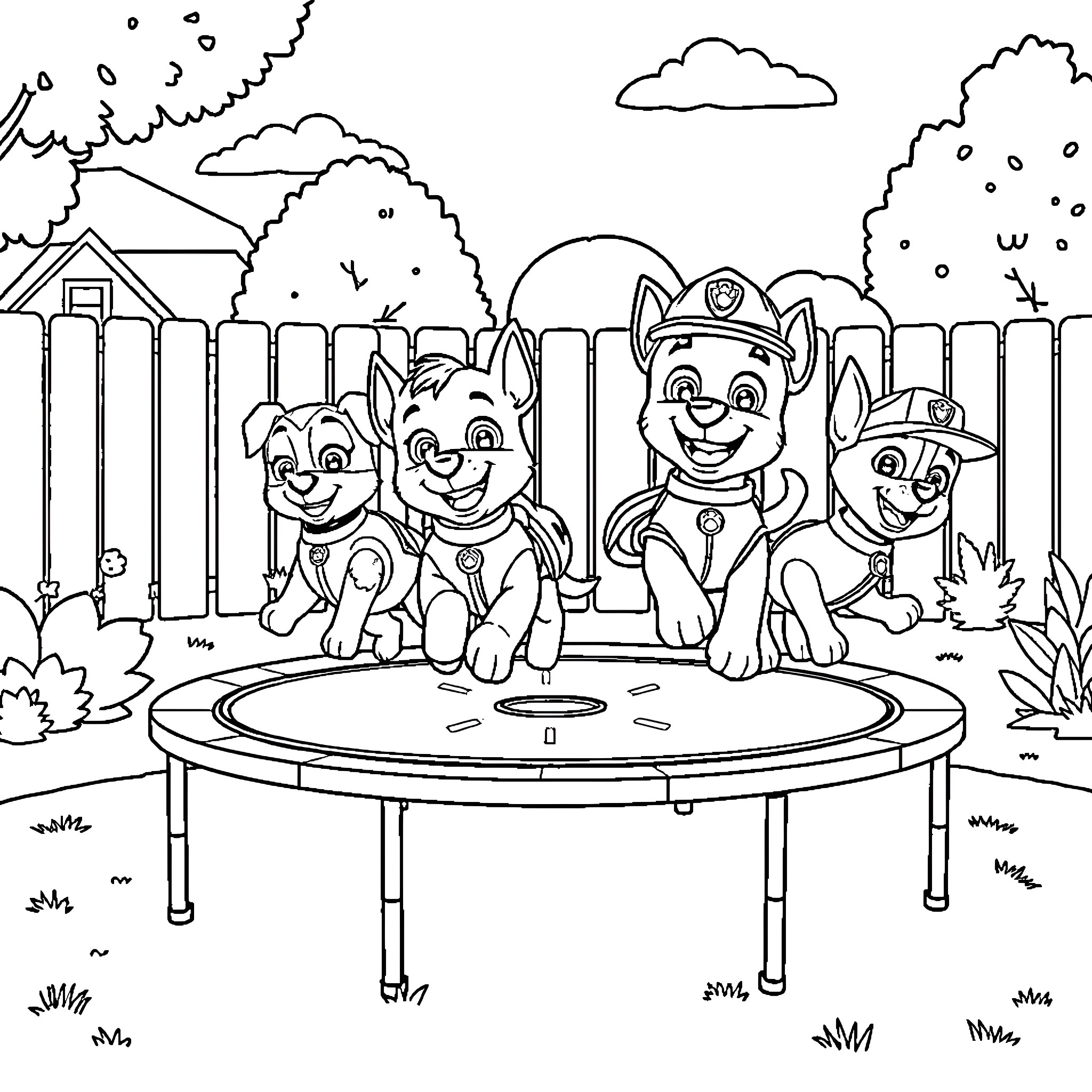 Dog Pups Playing Happily on Trampoline Outdoors Coloring Page (free black-and-white line drawing printable PDF for all, from beginners to advanced learners, including children, teens, adults, and seniors)