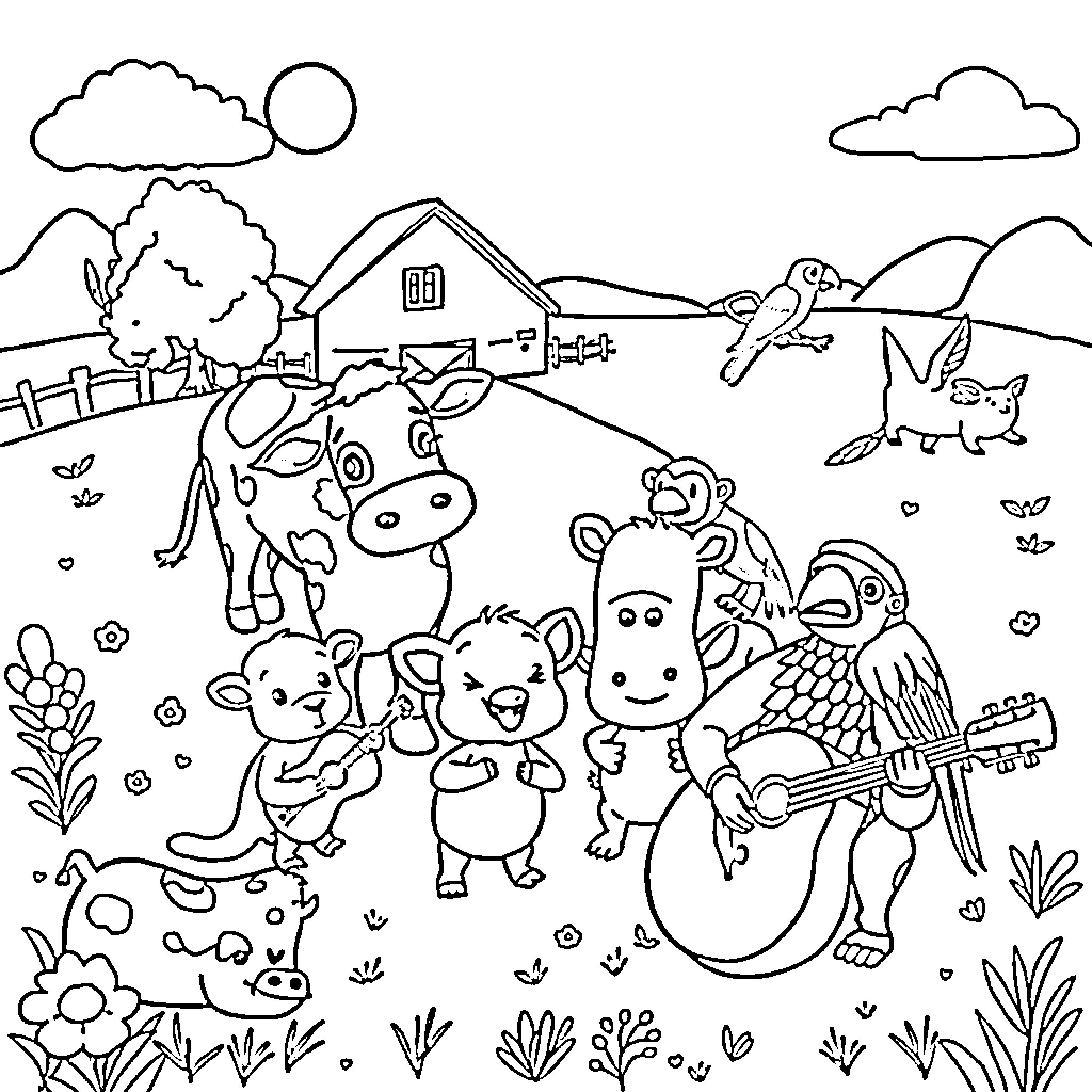 Animal Gathering at the Farm Scene Coloring Page (free black-and-white line drawing printable PDF for all, from beginners to advanced learners, including children, teens, adults, and seniors)