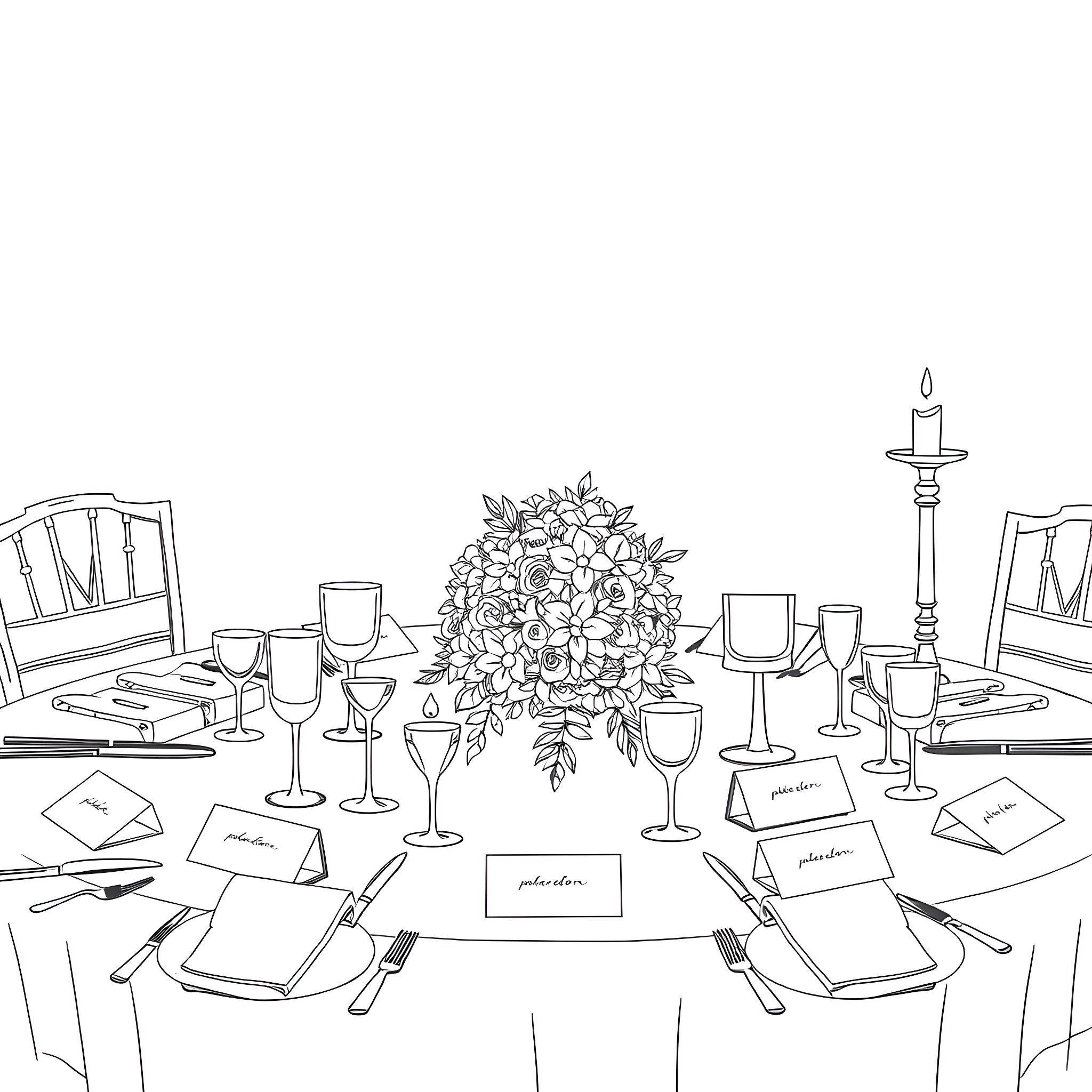 Wedding Table with Floral Centerpiece and Place Settings Coloring Page (free black-and-white line drawing printable PDF for all, from beginners to advanced learners, including children, teens, adults, and seniors)