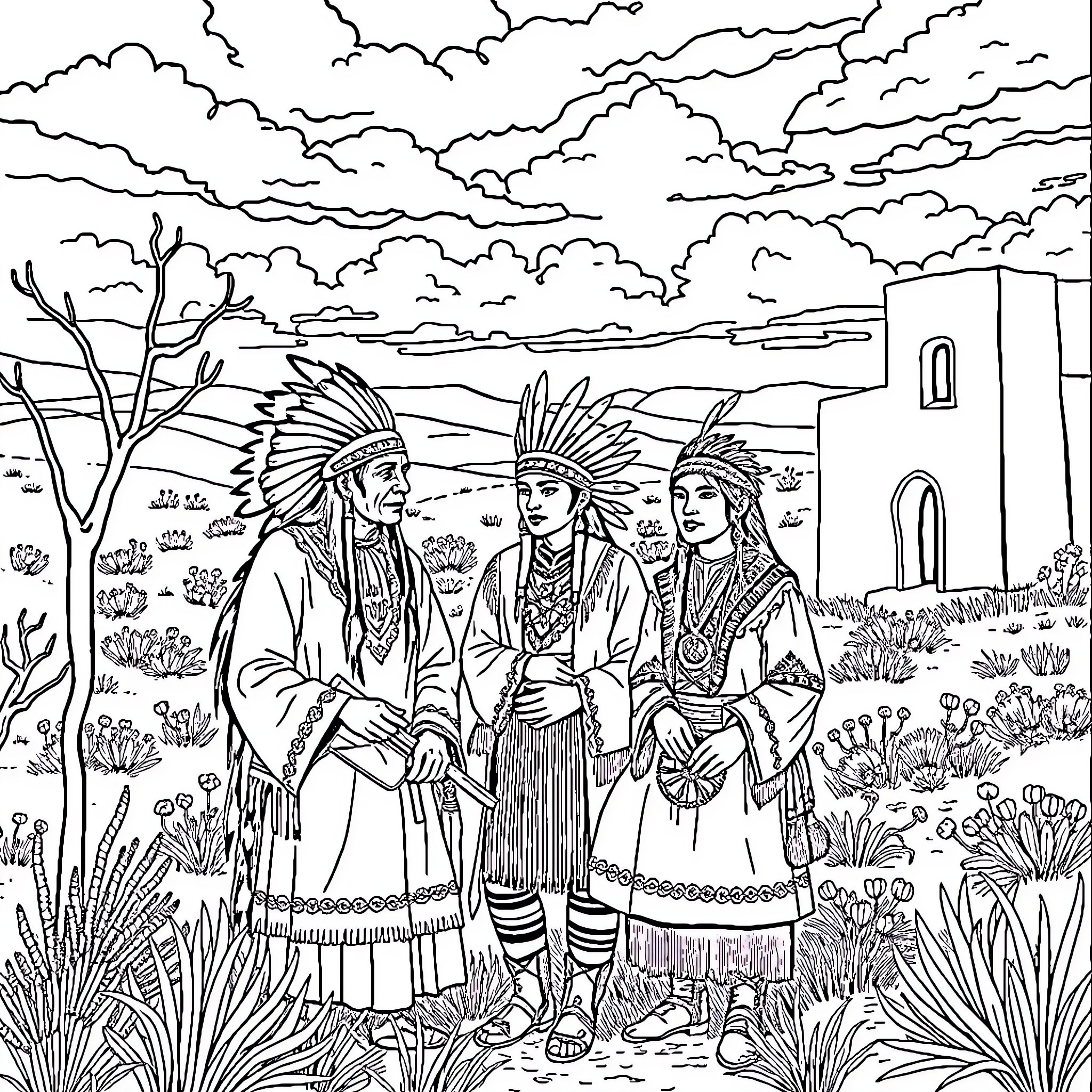 Indian Tribal Gathering in Scenic Landscape Coloring Page (free black-and-white line drawing printable PDF for all, from beginners to advanced learners, including children, teens, adults, and seniors)
