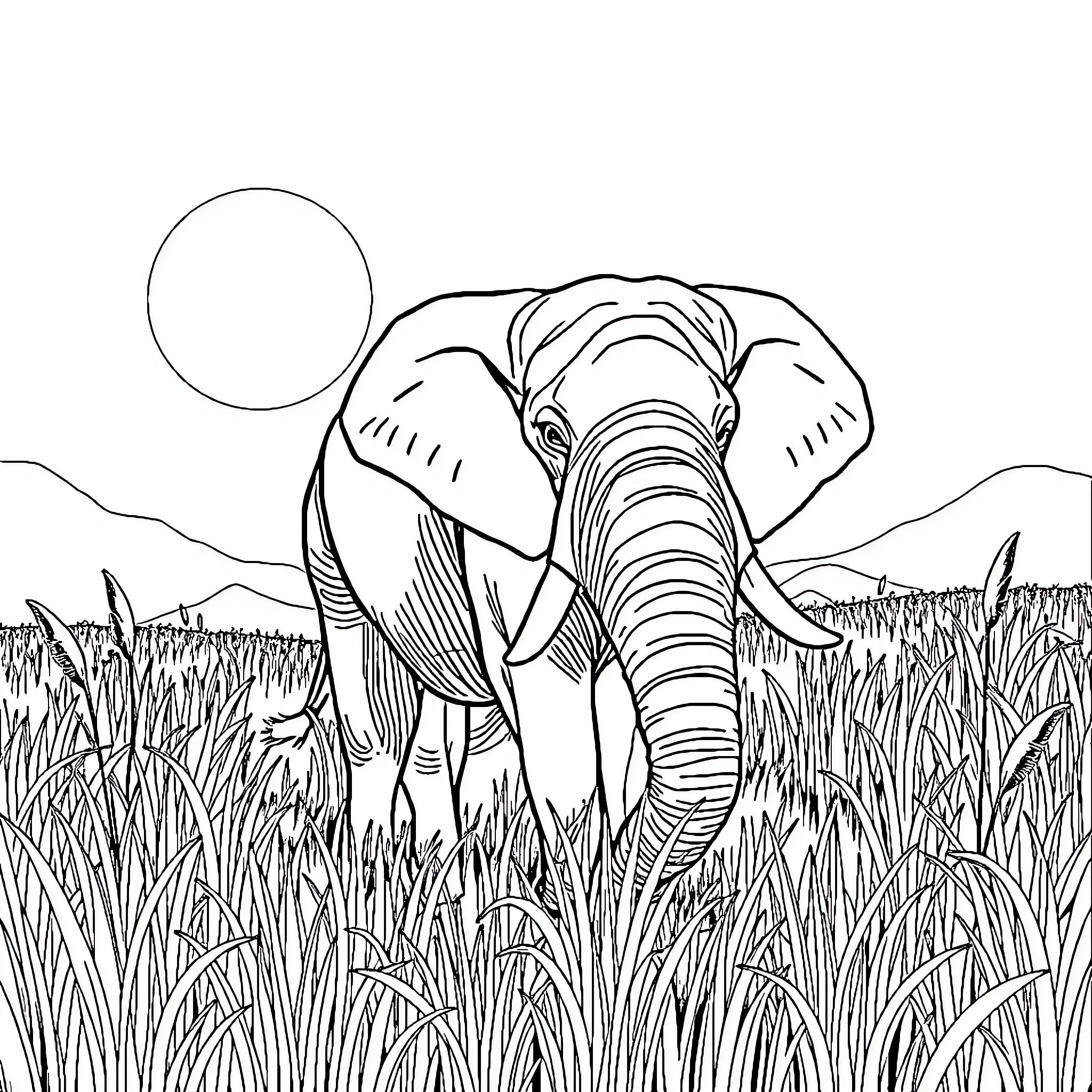 Elephant standing tall in the grasslands Coloring Page (free black-and-white line drawing printable PDF for all, from beginners to advanced learners, including children, teens, adults, and seniors)
