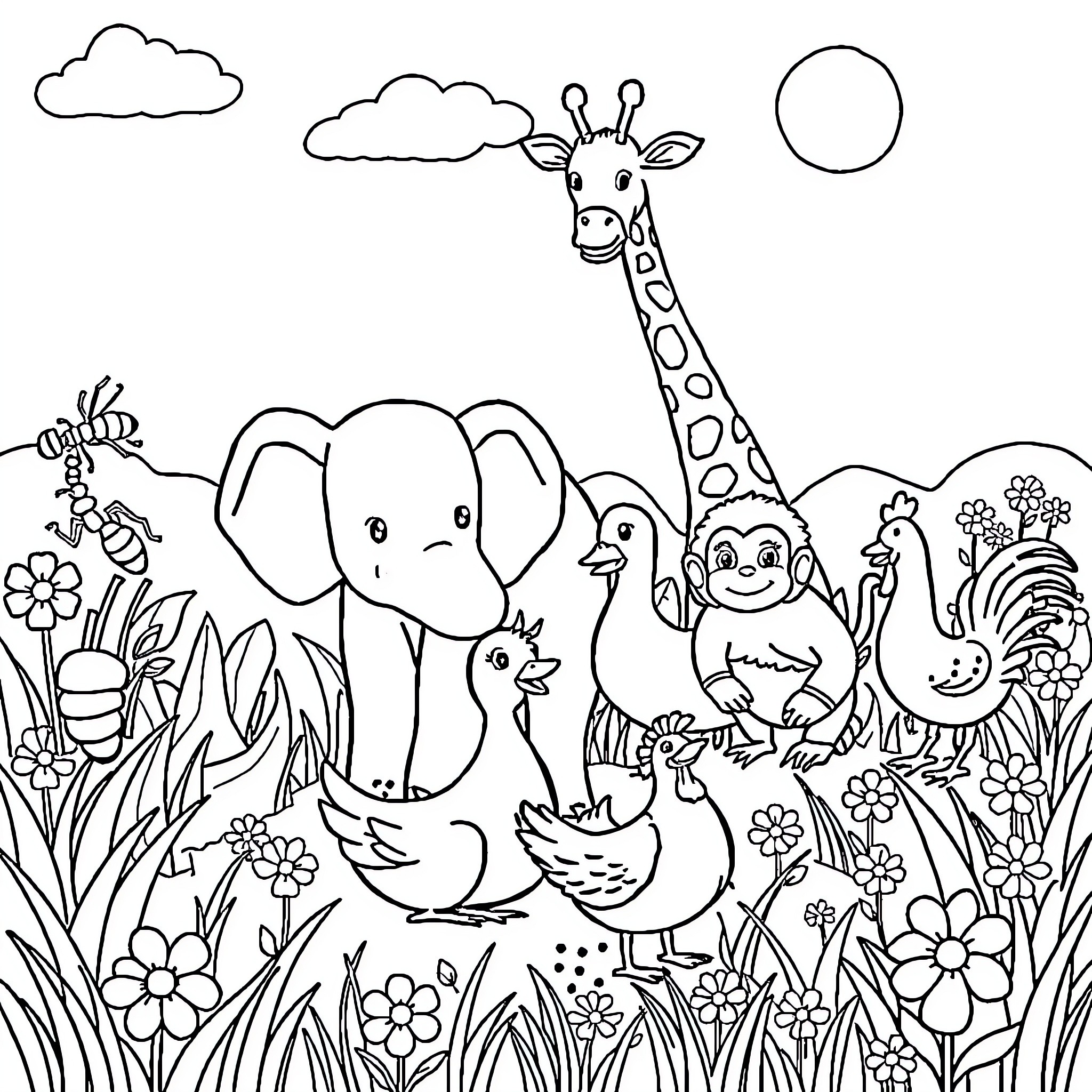 Animal friends in a scenic nature setting Coloring Page (free black-and-white line drawing printable PDF for all, from beginners to advanced learners, including children, teens, adults, and seniors)