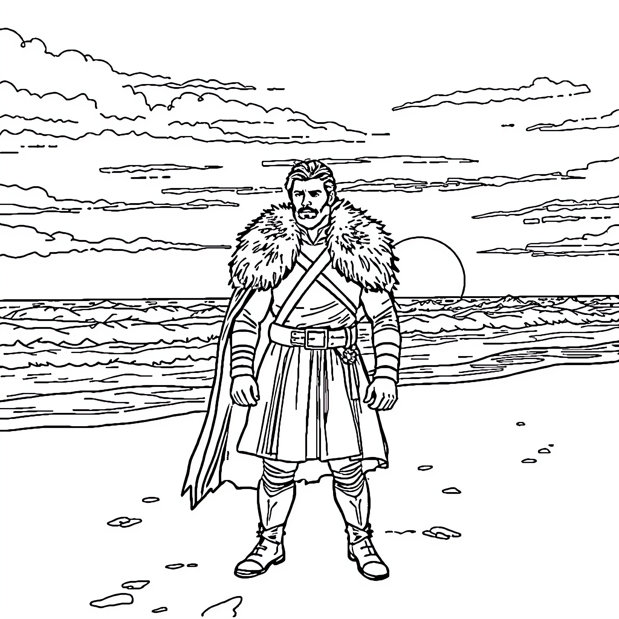 Jon Snow braving the icy northern landscape Coloring Page (free black-and-white line drawing printable PDF for all, from beginners to advanced learners, including children, teens, adults, and seniors)