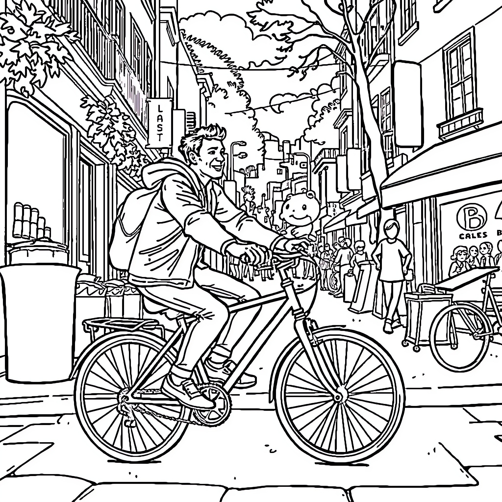 Barman cycling through a busy city street Coloring Page (free black-and-white line drawing printable PDF for all, from beginners to advanced learners, including children, teens, adults, and seniors)