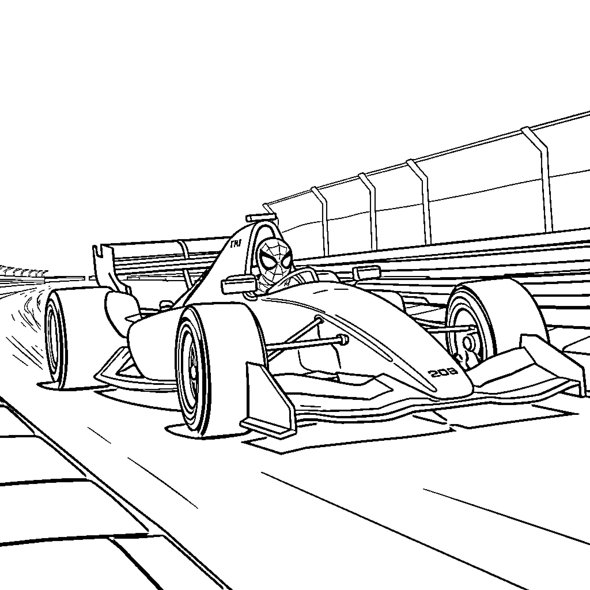 Formula 1 Car racing on the track Coloring Page (free black-and-white line drawing printable PDF for all, from beginners to advanced learners, including children, teens, adults, and seniors)