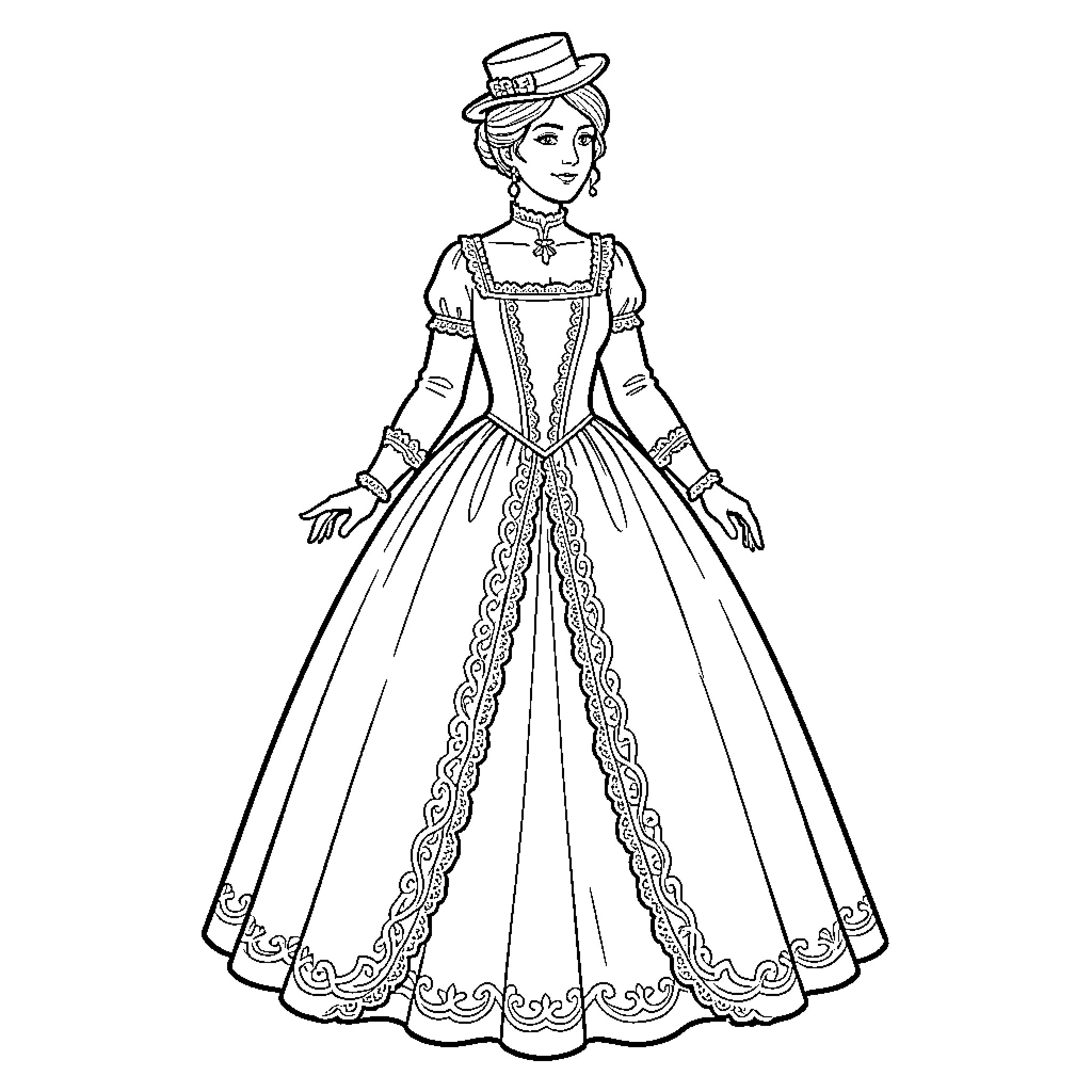 Woman in Ornate Historical Dress and Hat Coloring Page (free black-and-white line drawing printable PDF for all, from beginners to advanced learners, including children, teens, adults, and seniors)