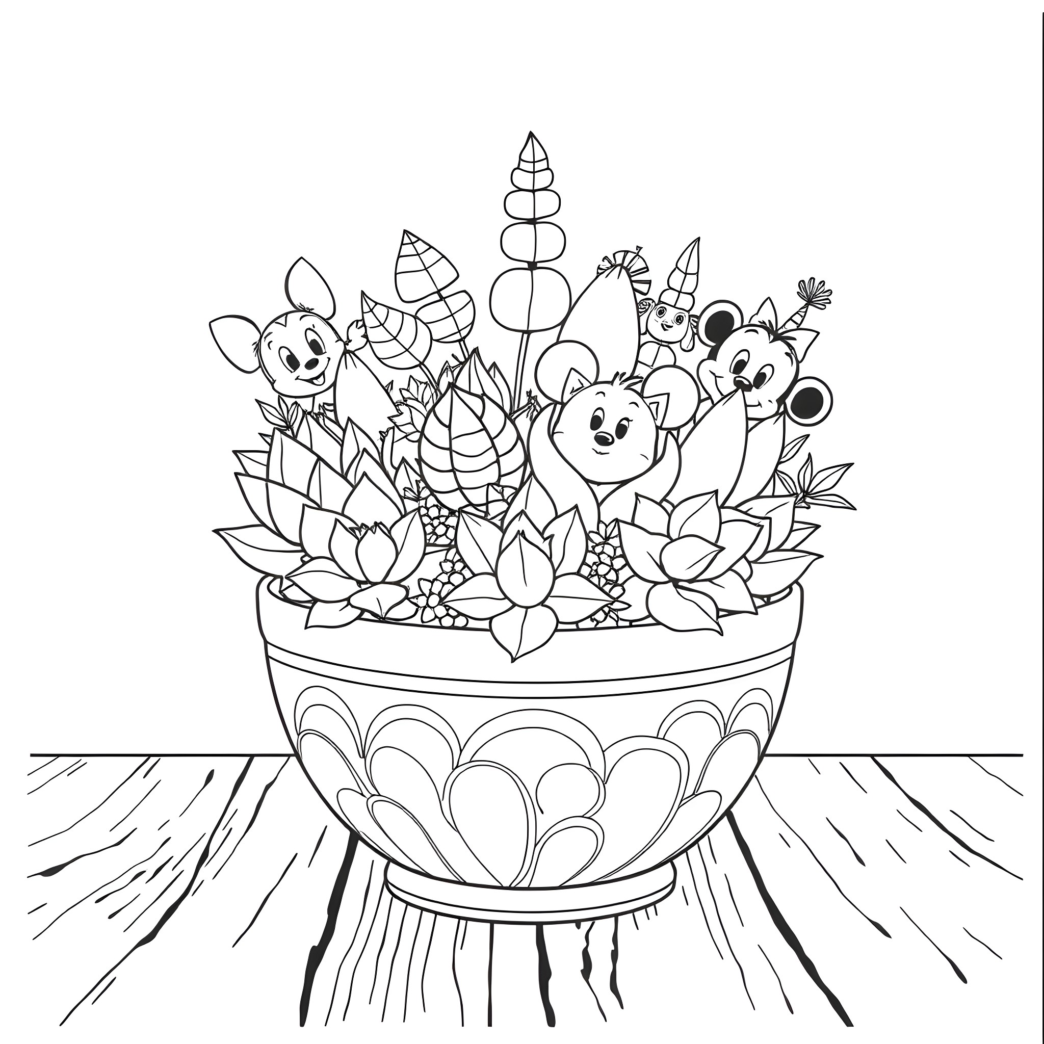 Succulent creatures in a decorative planter Coloring Page (free black-and-white line drawing printable PDF for all, from beginners to advanced learners, including children, teens, adults, and seniors)