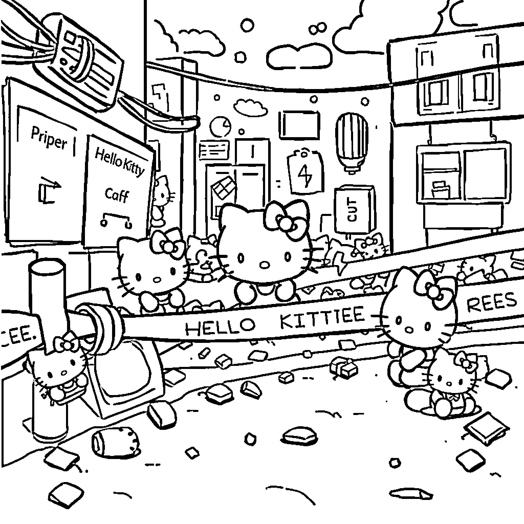 Hello Kitty and Friends in a Playful Urban Setting Coloring Page (free black-and-white line drawing printable PDF for all, from beginners to advanced learners, including children, teens, adults, and seniors)