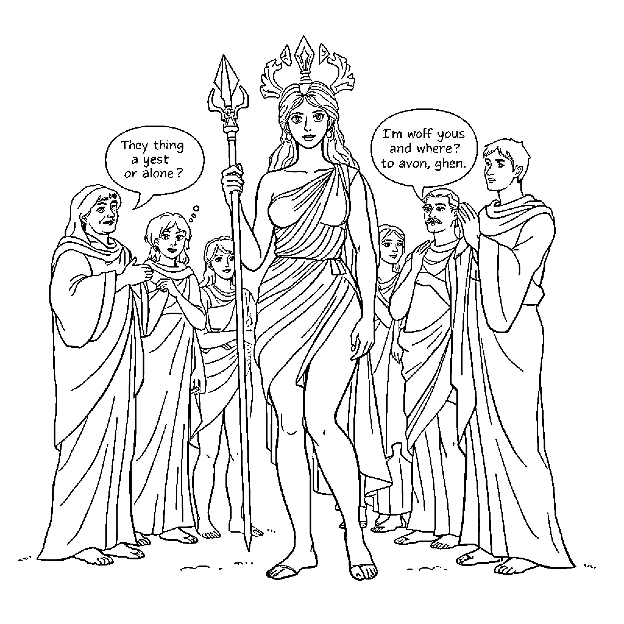 Artemis Surrounded by Inquisitive Figures Coloring Page (free black-and-white line drawing printable PDF for all, from beginners to advanced learners, including children, teens, adults, and seniors)