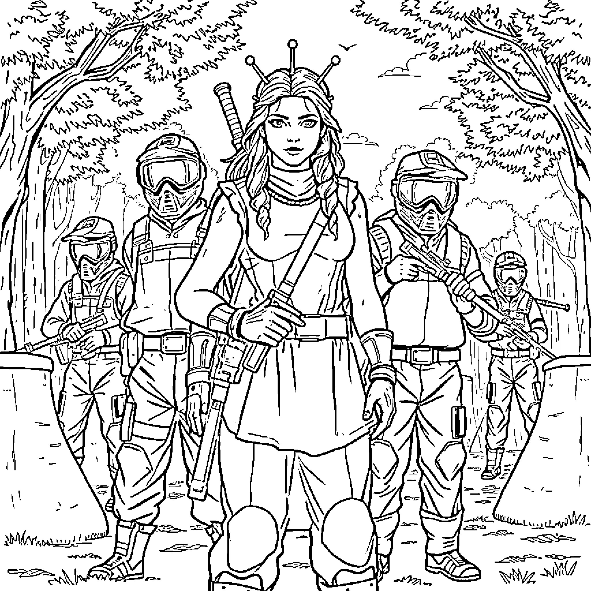 Artemis and her team exploring the wilderness Coloring Page (free black-and-white line drawing printable PDF for all, from beginners to advanced learners, including children, teens, adults, and seniors)