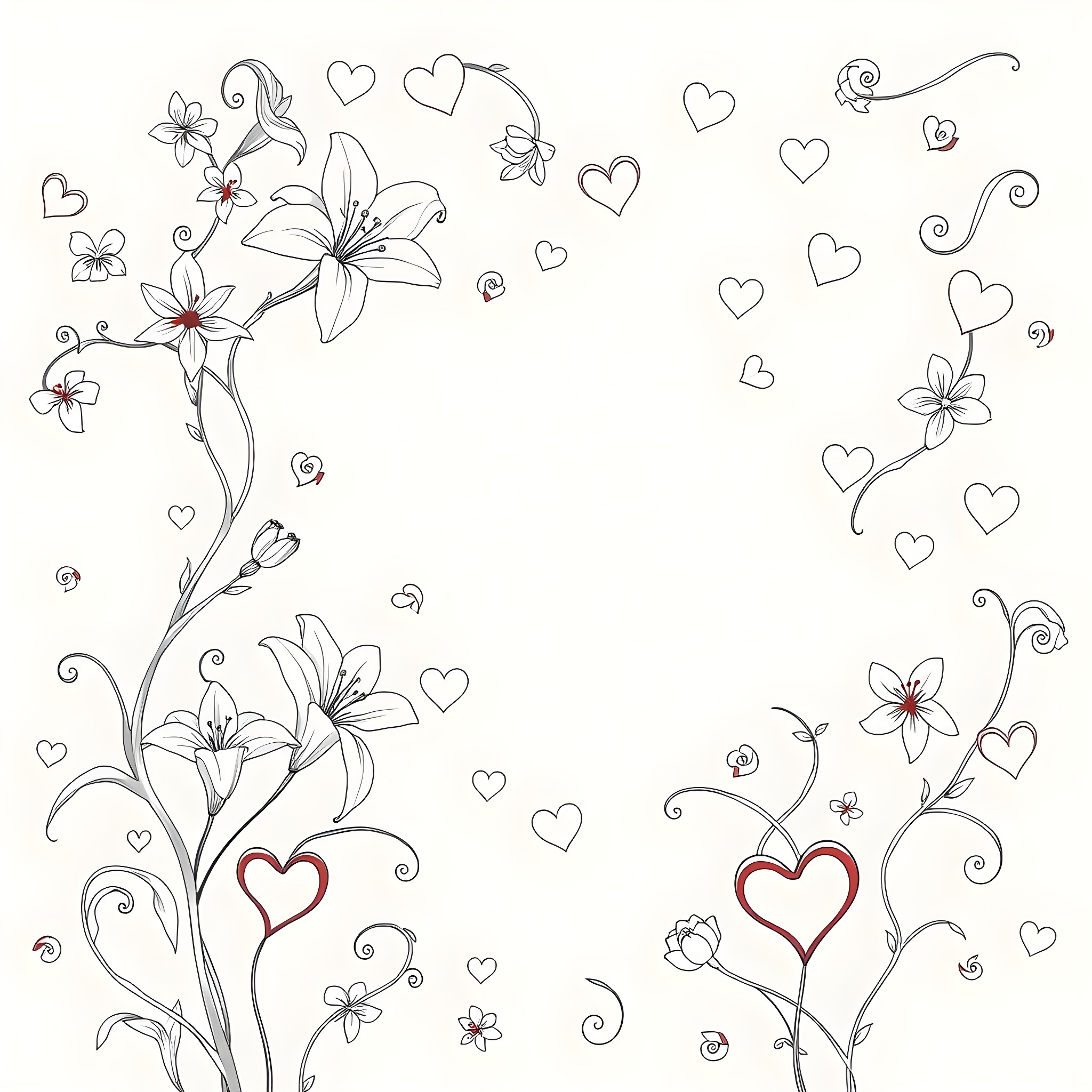 Lily's Floral Fantasy with Hearts Coloring Page (free black-and-white line drawing printable PDF for all, from beginners to advanced learners, including children, teens, adults, and seniors)