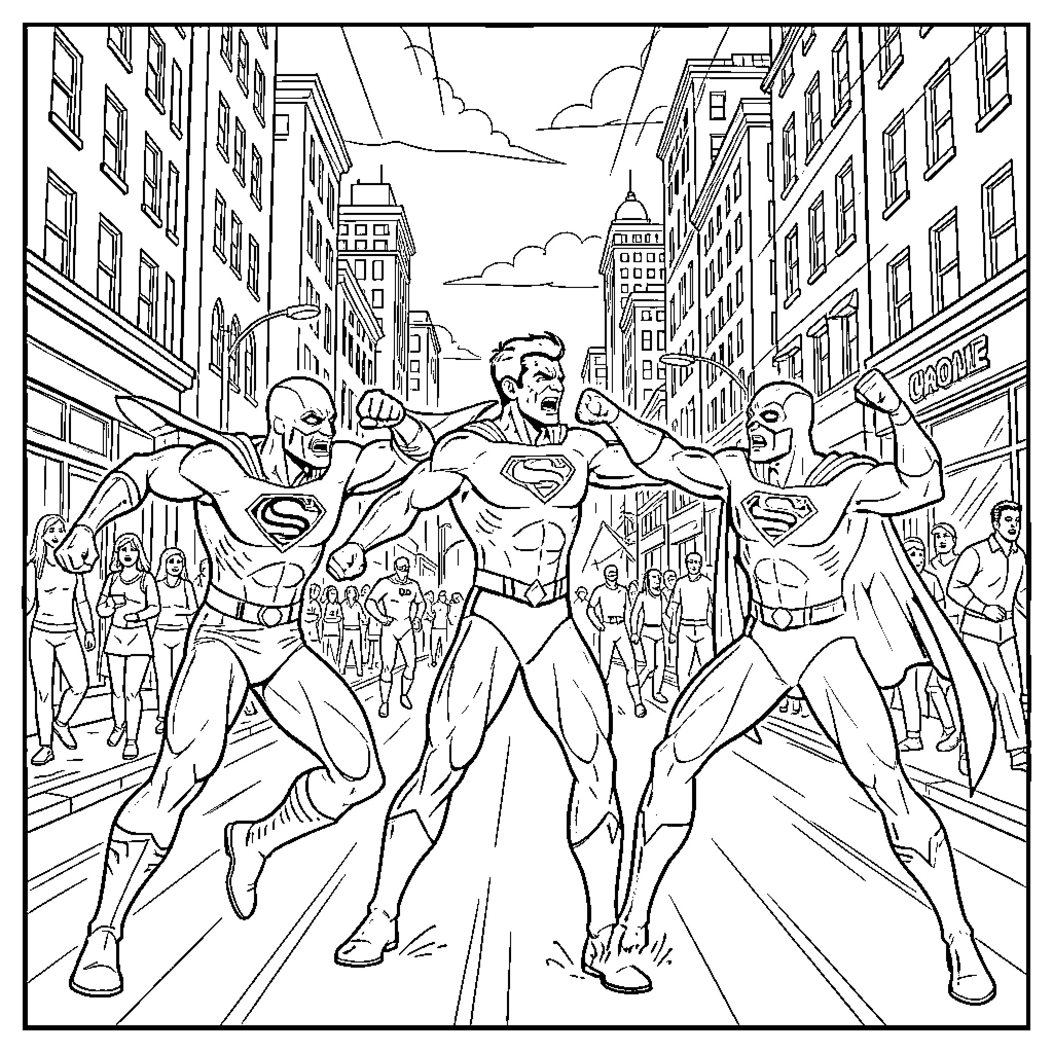 Superhero team in action on city street Coloring Page (free black-and-white line drawing printable PDF for all, from beginners to advanced learners, including children, teens, adults, and seniors)