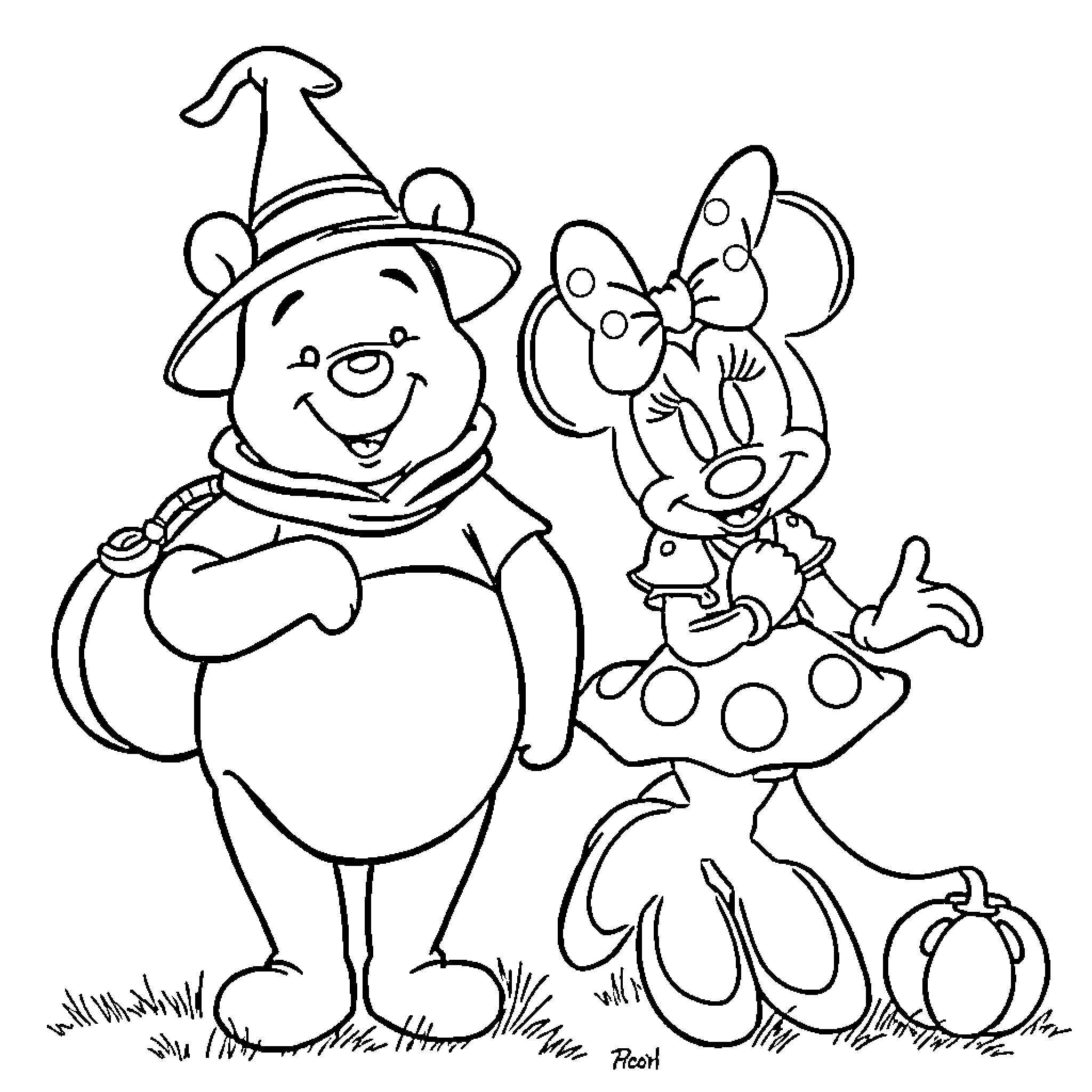 Pooh Bear and Minnie Mouse in costume Coloring Page (free black-and-white line drawing printable PDF for all, from beginners to advanced learners, including children, teens, adults, and seniors)