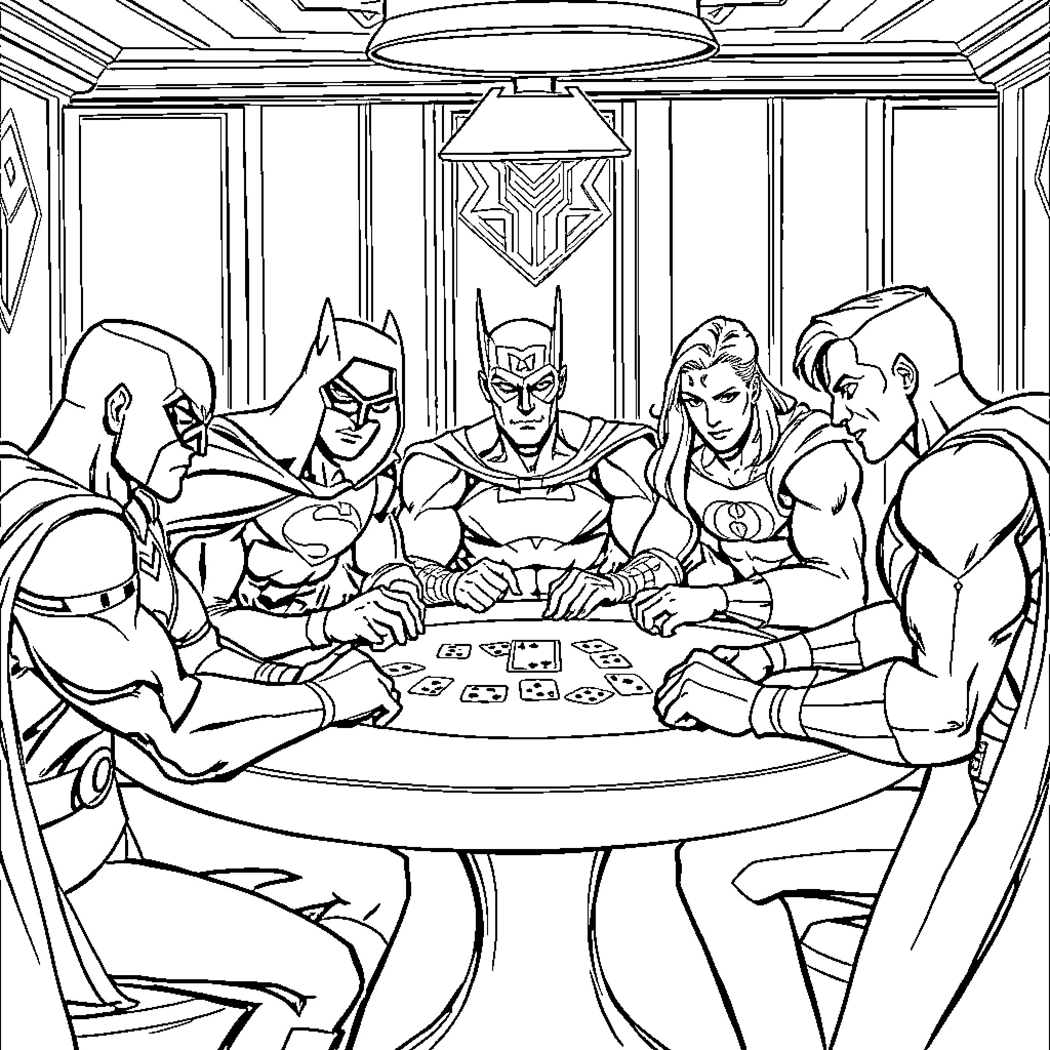 Justice League heroes strategizing at the table Coloring Page (free black-and-white line drawing printable PDF for all, from beginners to advanced learners, including children, teens, adults, and seniors)