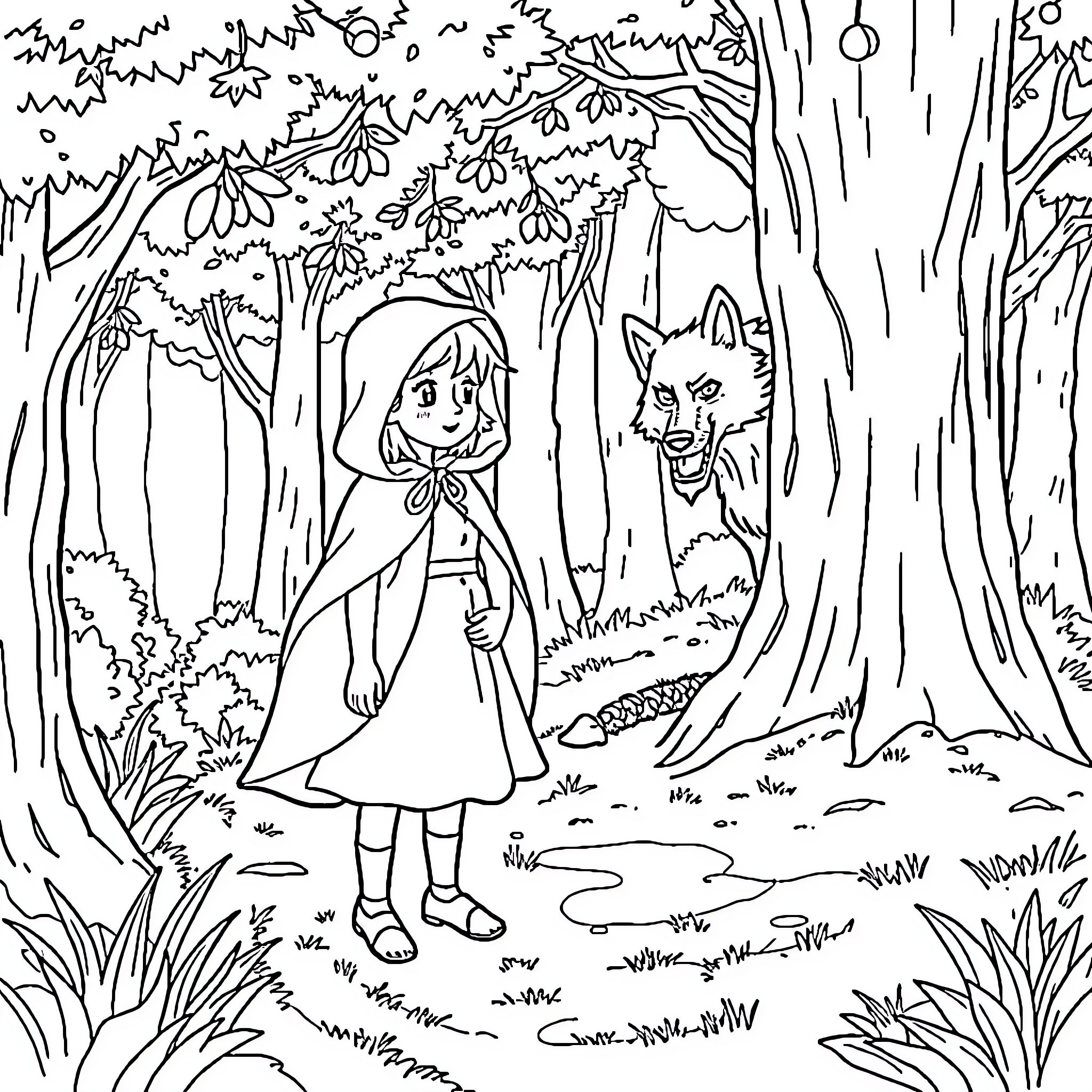 Little Red Riding Hood encounters the wolf in the forest Coloring Page (free black-and-white line drawing printable PDF for all, from beginners to advanced learners, including children, teens, adults, and seniors)