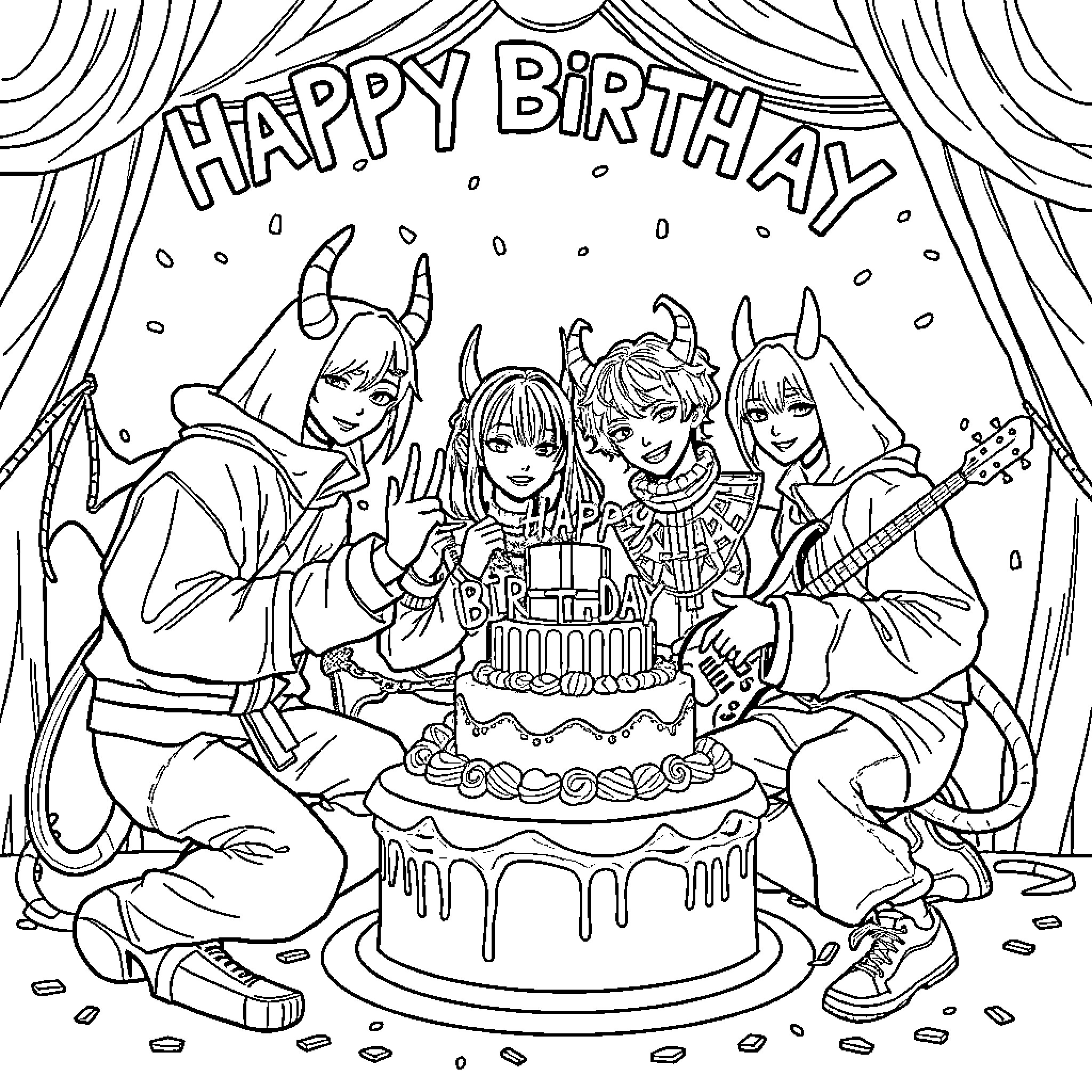 K-POP Demon Hunters Celebrate Birthday with Cake and Music Coloring Page (free black-and-white line drawing printable PDF for all, from beginners to advanced learners, including children, teens, adults, and seniors)