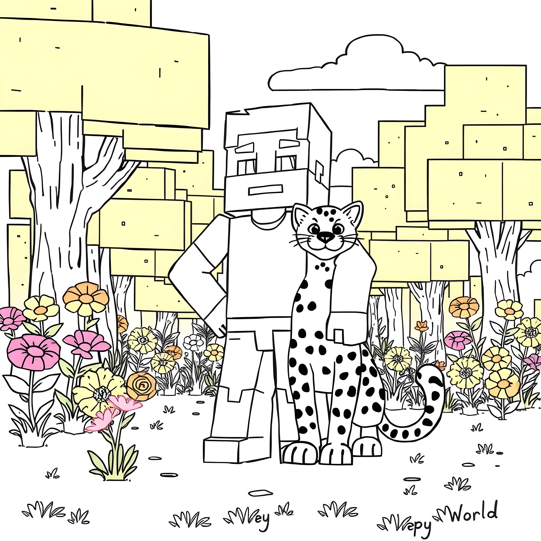 Steve's friendly encounter with a spotted cat in a colorful garden Coloring Page (free black-and-white line drawing printable PDF for all, from beginners to advanced learners, including children, teens, adults, and seniors)