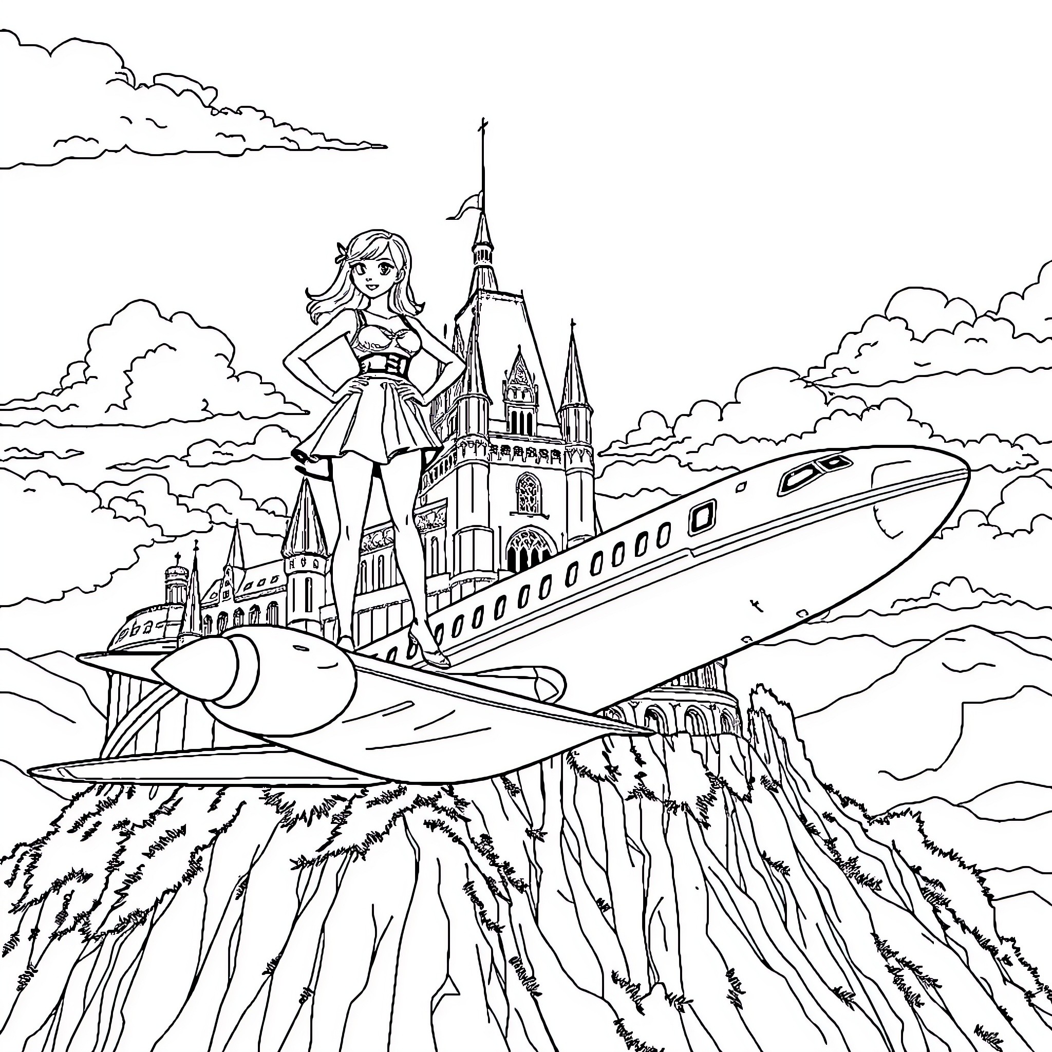 The Rock posing confidently on a high-speed train above a fantasy castle Coloring Page (free black-and-white line drawing printable PDF for all, from beginners to advanced learners, including children, teens, adults, and seniors)