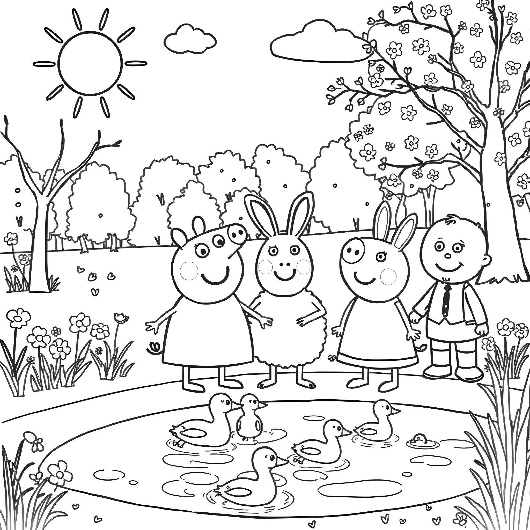 Peppa and her friends explore the springtime garden Coloring Page (free black-and-white line drawing printable PDF for all, from beginners to advanced learners, including children, teens, adults, and seniors)