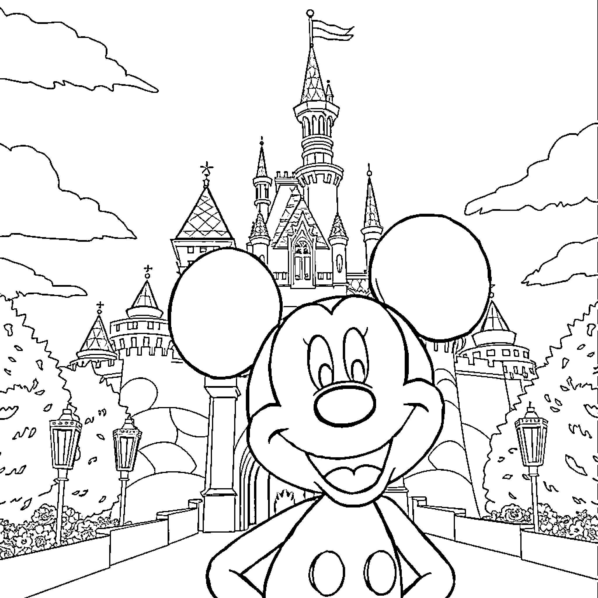 Mickey Mouse exploring the magical castle Coloring Page (free black-and-white line drawing printable PDF for all, from beginners to advanced learners, including children, teens, adults, and seniors)
