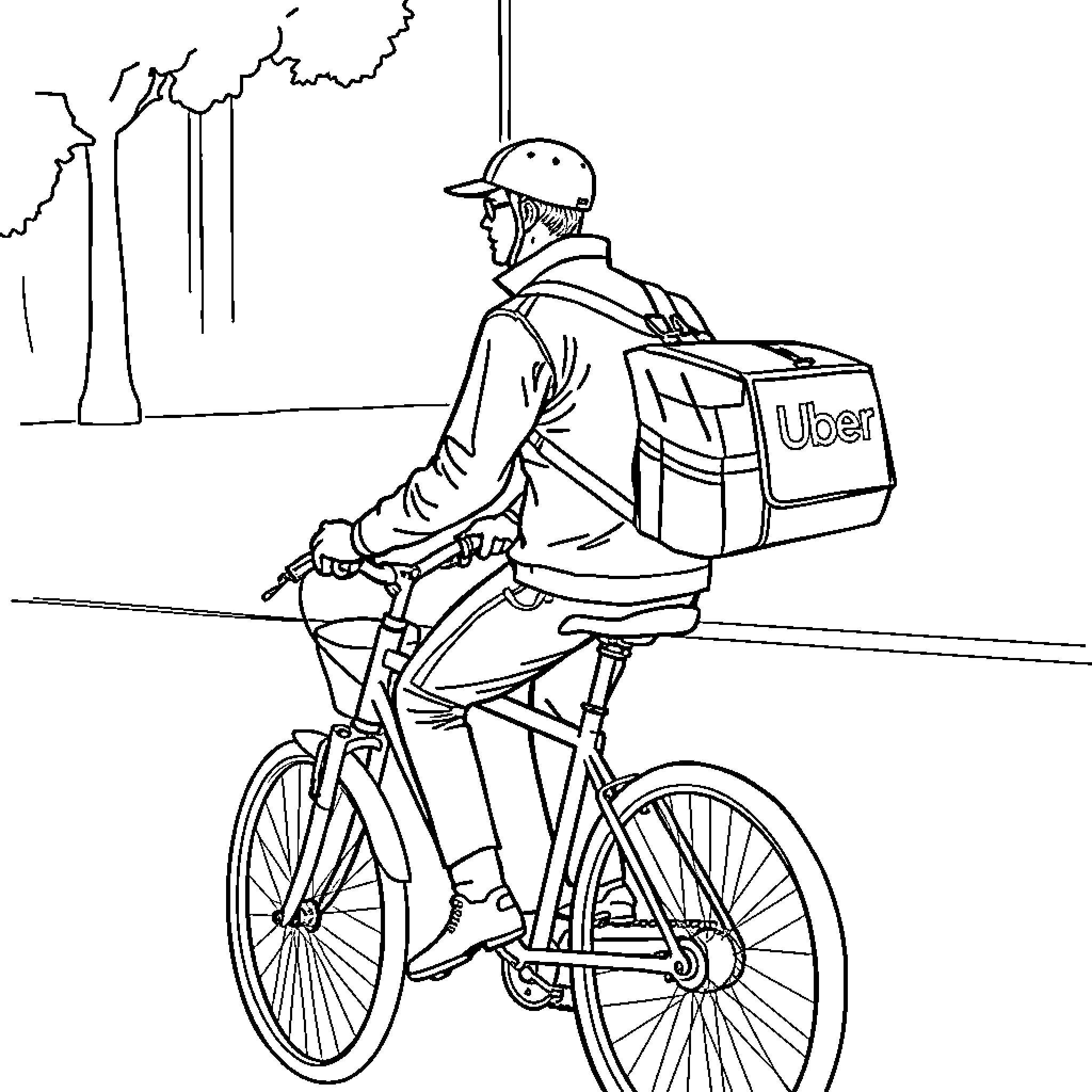 Driver delivering on bicycle in urban setting Coloring Page (free black-and-white line drawing printable PDF for all, from beginners to advanced learners, including children, teens, adults, and seniors)