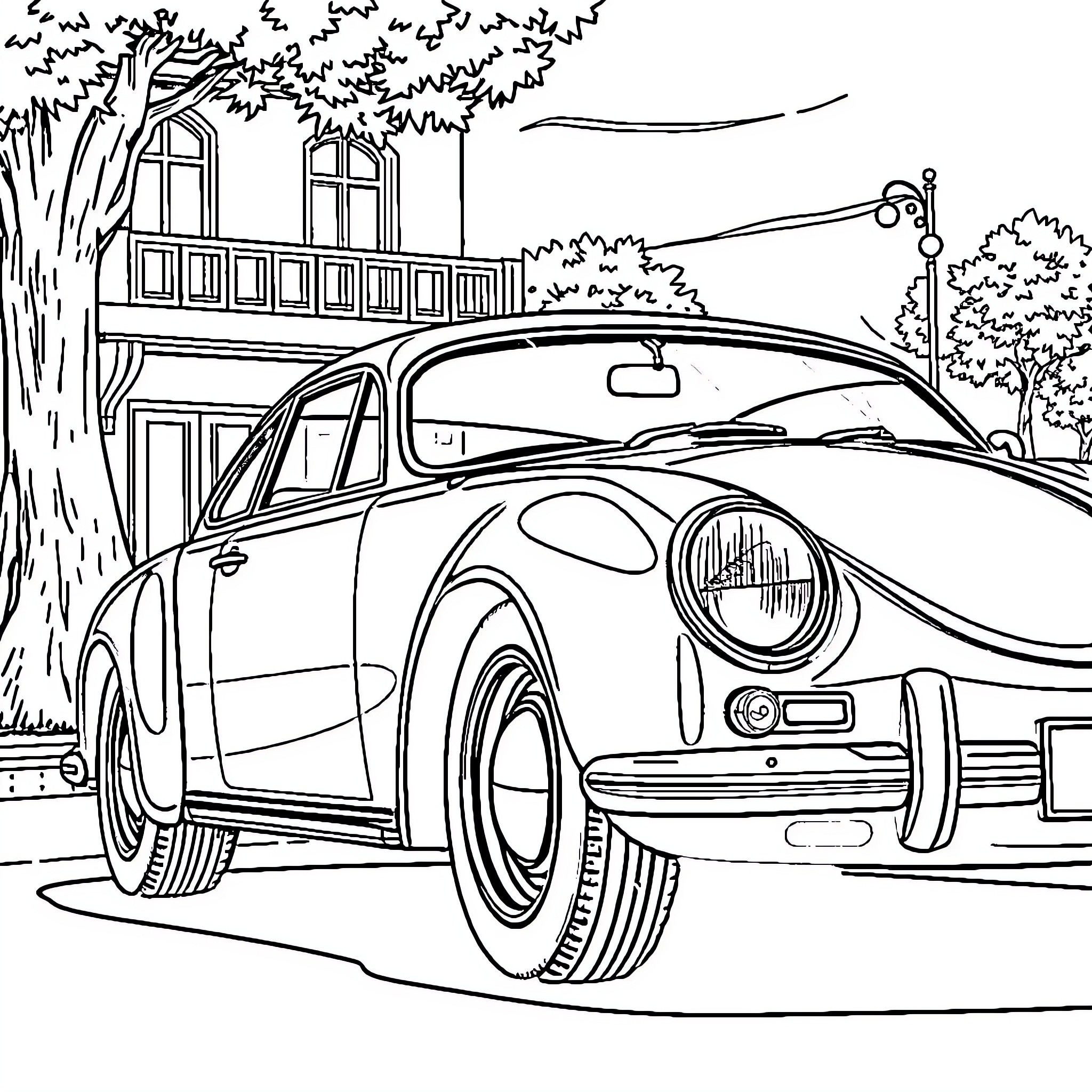Car parked in a tree-lined street Coloring Page (free black-and-white line drawing printable PDF for all, from beginners to advanced learners, including children, teens, adults, and seniors)