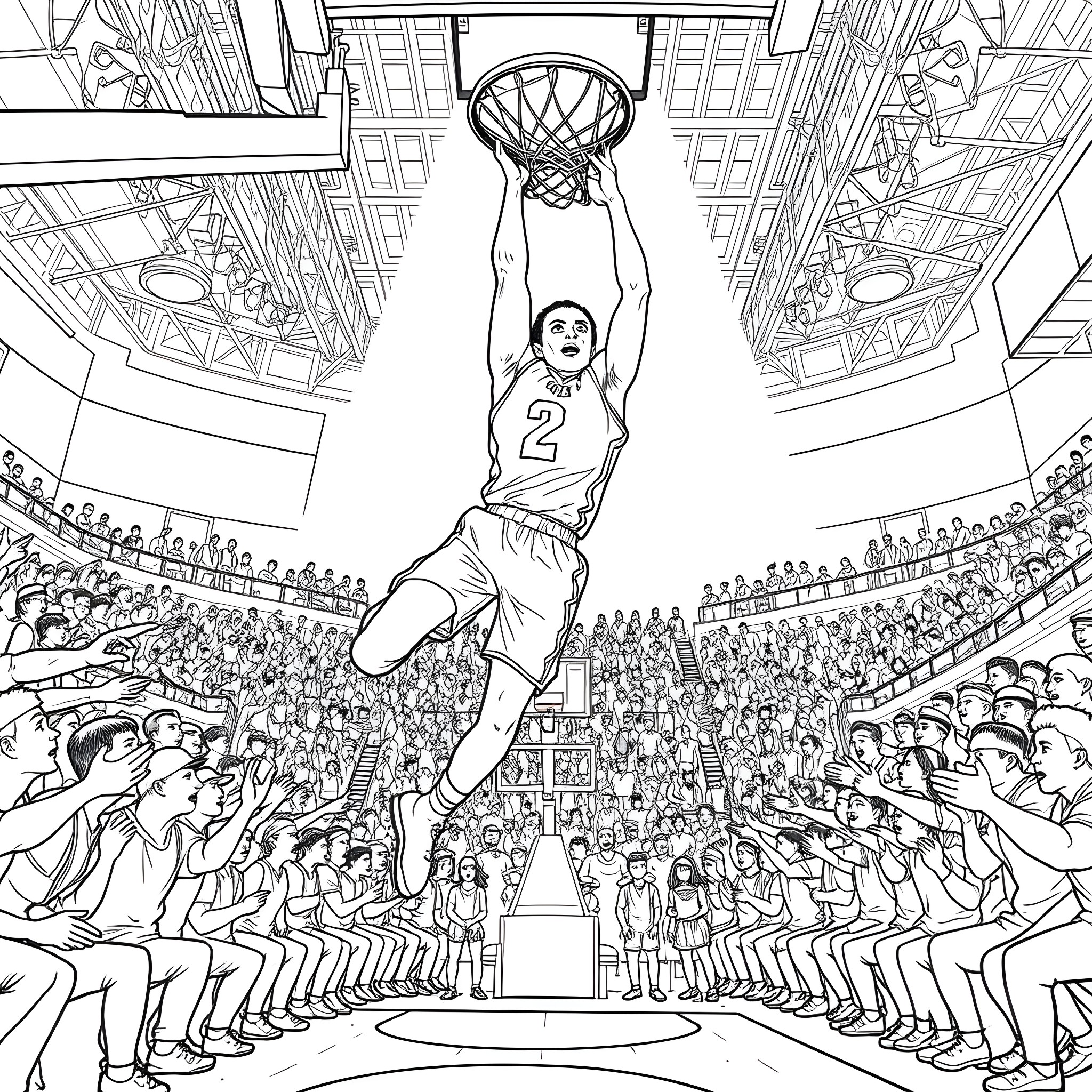 Cooper Flagg dunking a basketball in a crowded arena Coloring Page (free black-and-white line drawing printable PDF for all, from beginners to advanced learners, including children, teens, adults, and seniors)
