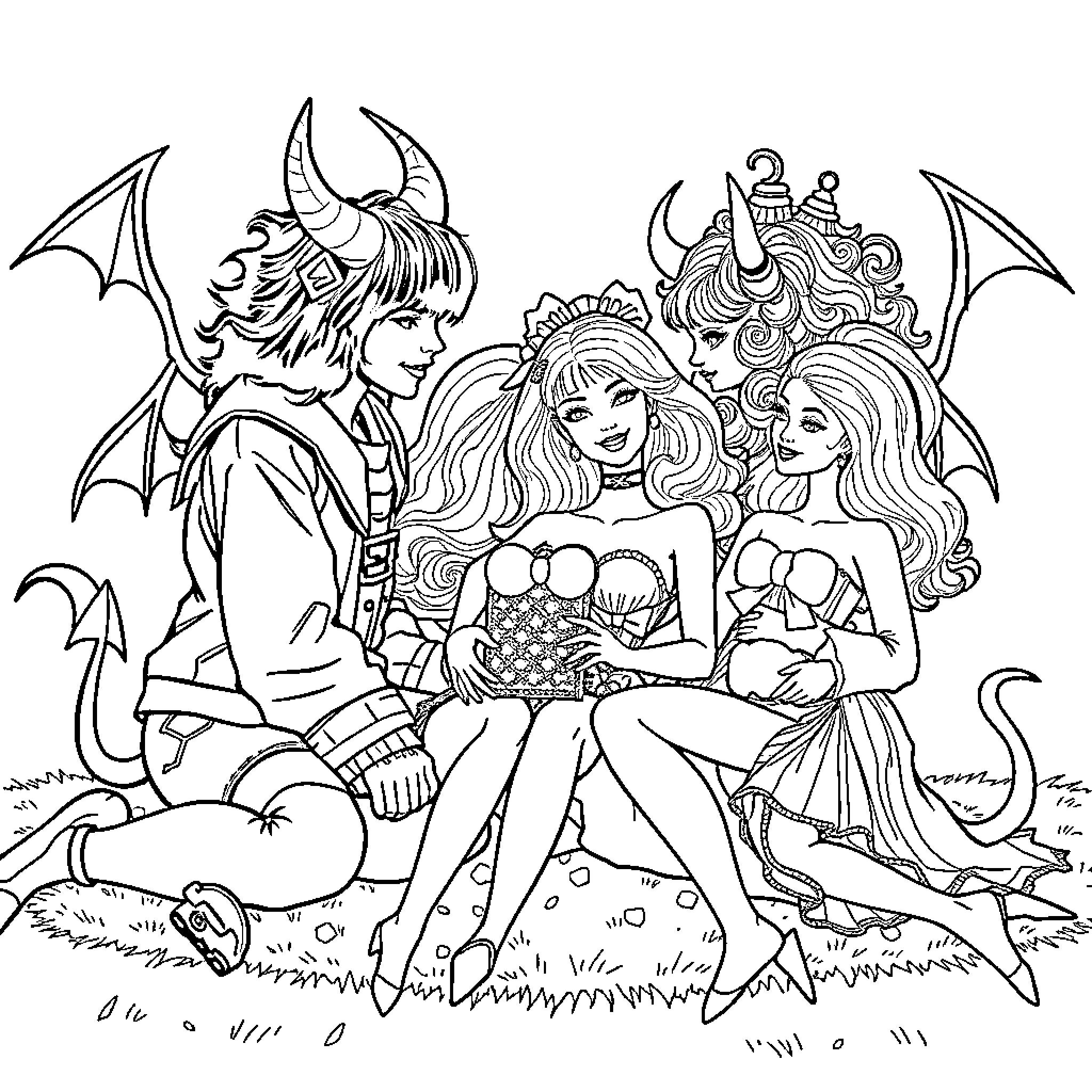 Demon Hunter Protecting Princesses from Fantastical Creatures Coloring Page (free black-and-white line drawing printable PDF for all, from beginners to advanced learners, including children, teens, adults, and seniors)