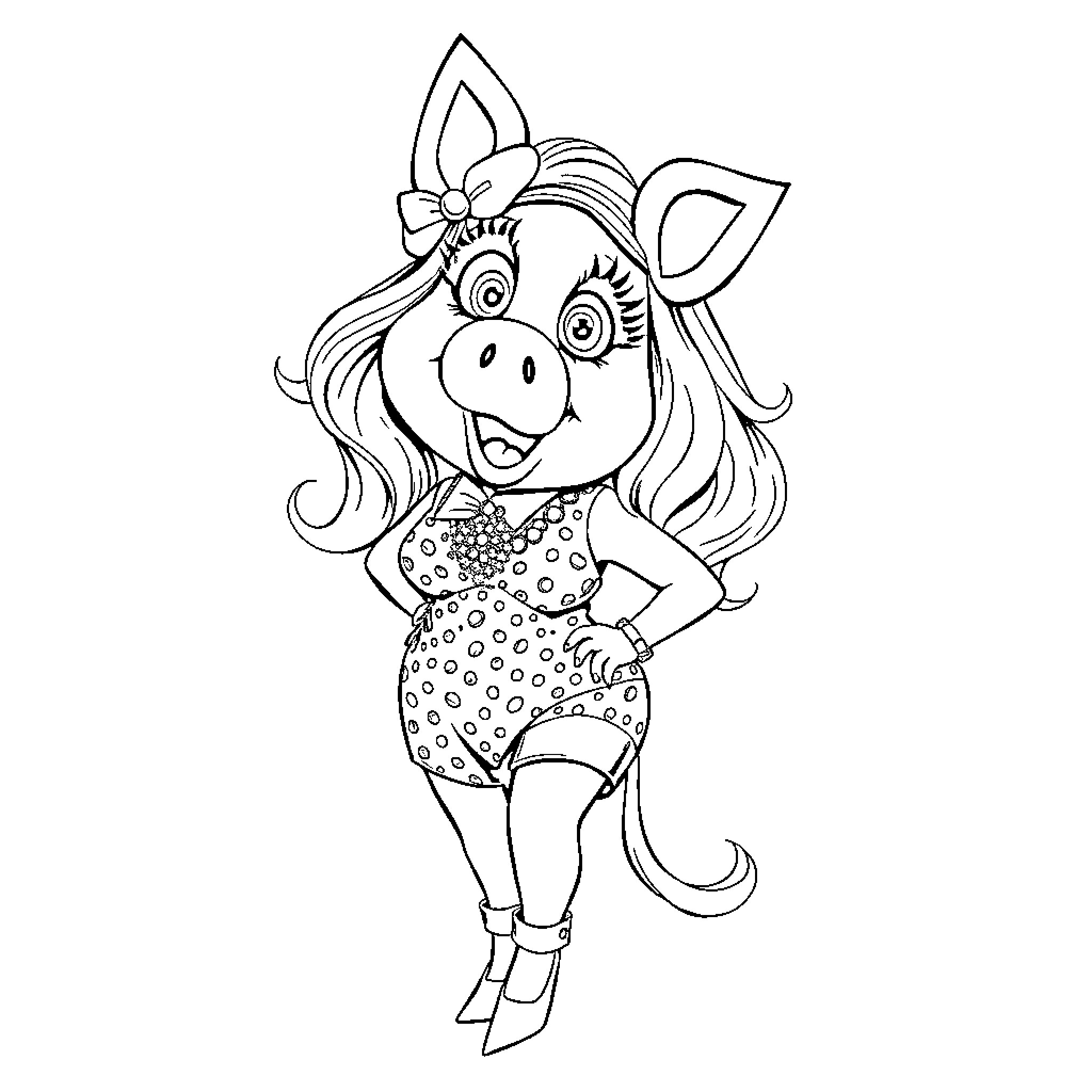 Miss Piggy Happily Posing in Cute Outfit Coloring Page (free black-and-white line drawing printable PDF for all, from beginners to advanced learners, including children, teens, adults, and seniors)