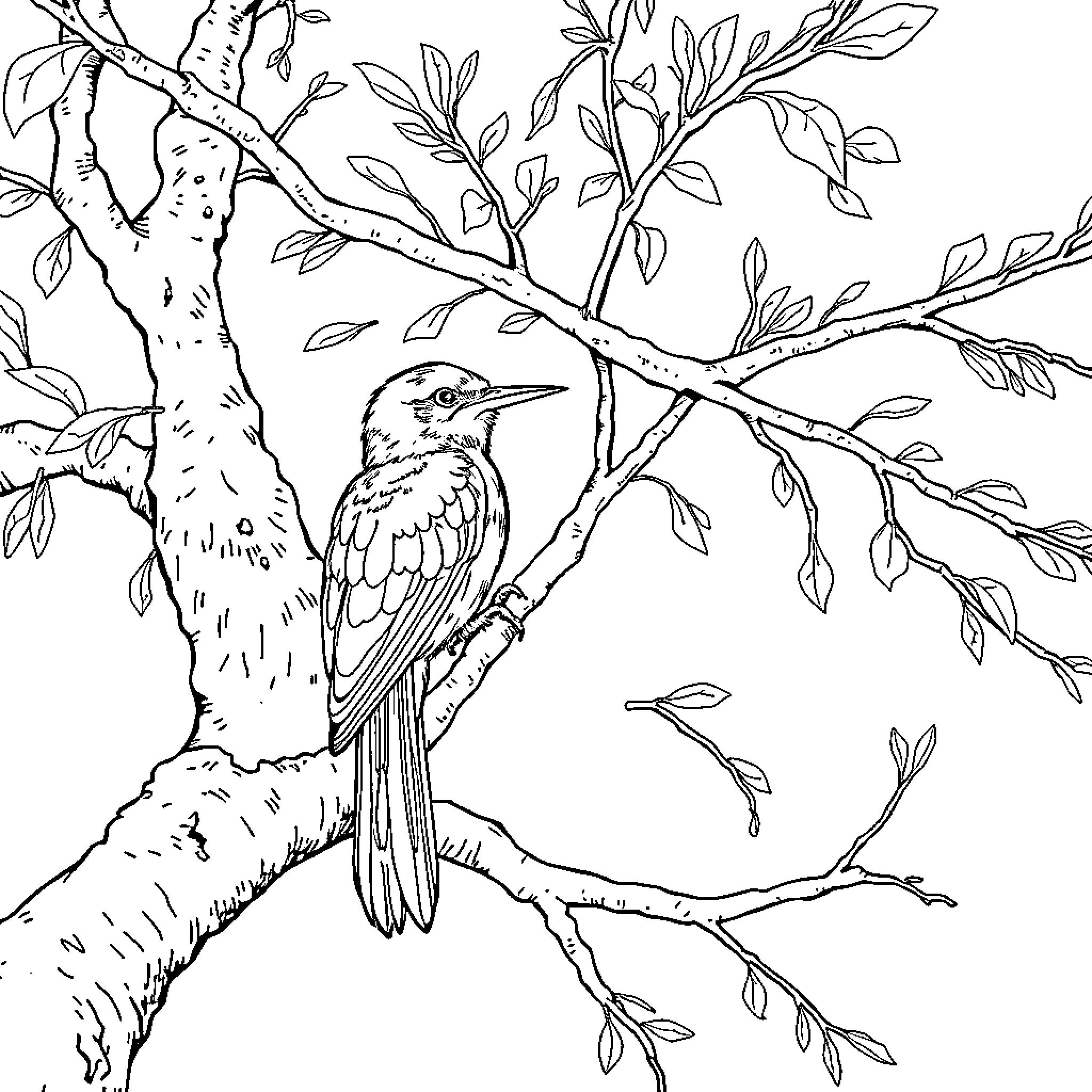Viper bird on a branch in nature Coloring Page (free black-and-white line drawing printable PDF for all, from beginners to advanced learners, including children, teens, adults, and seniors)