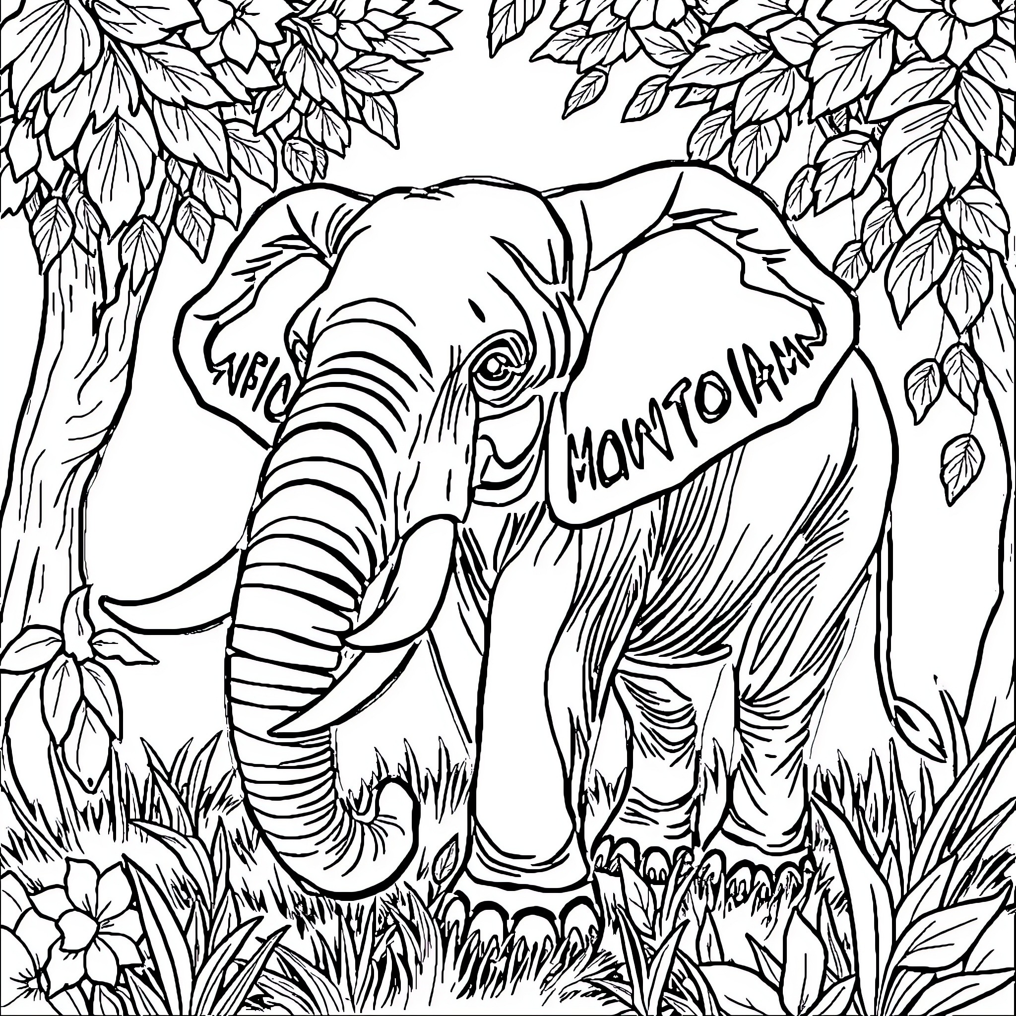Elephant walking through a lush forest Coloring Page (free black-and-white line drawing printable PDF for all, from beginners to advanced learners, including children, teens, adults, and seniors)
