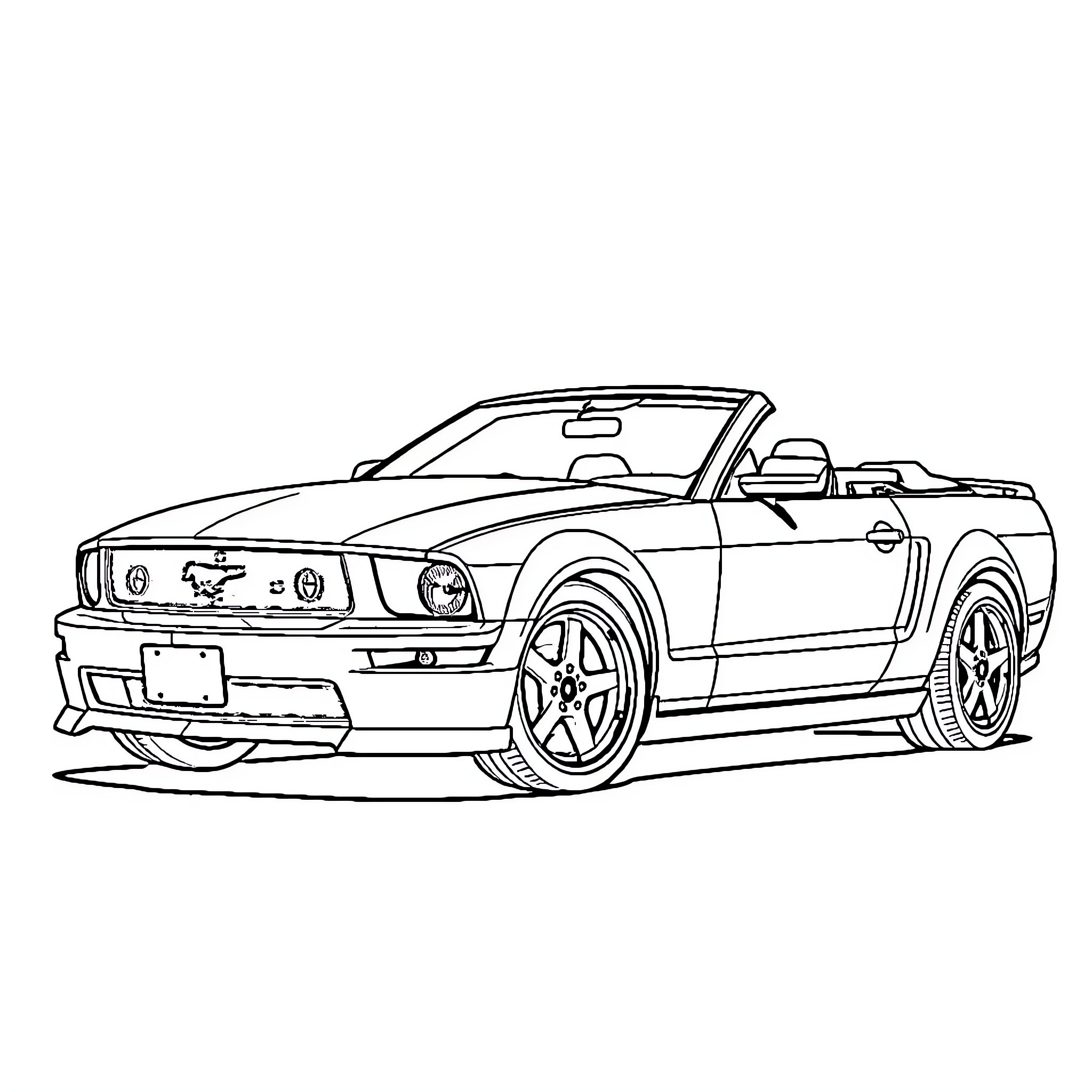 Ford Mustang Convertible on the Road Coloring Page (free black-and-white line drawing printable PDF for all, from beginners to advanced learners, including children, teens, adults, and seniors)