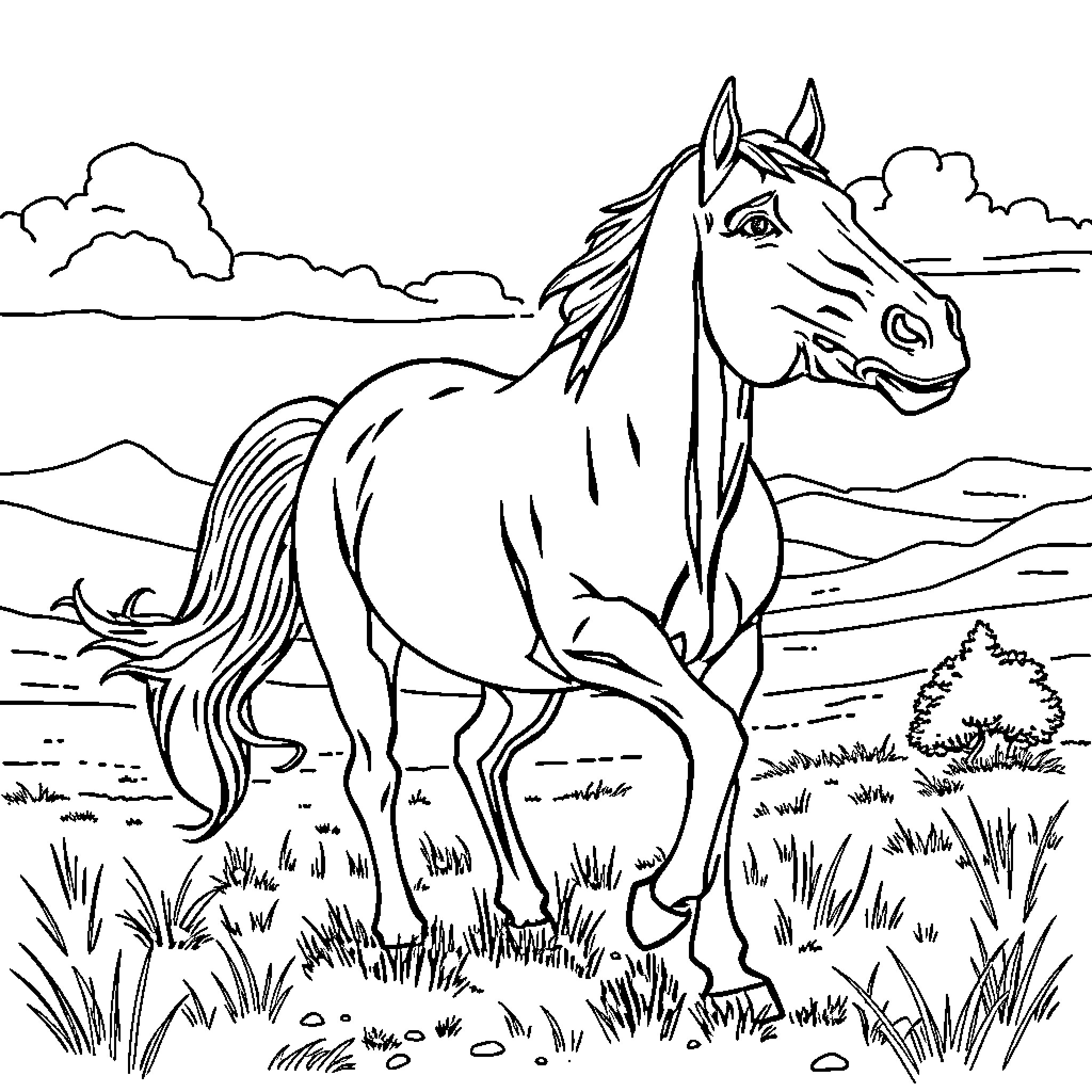 Horse galloping through grassy landscape Coloring Page (free black-and-white line drawing printable PDF for all, from beginners to advanced learners, including children, teens, adults, and seniors)