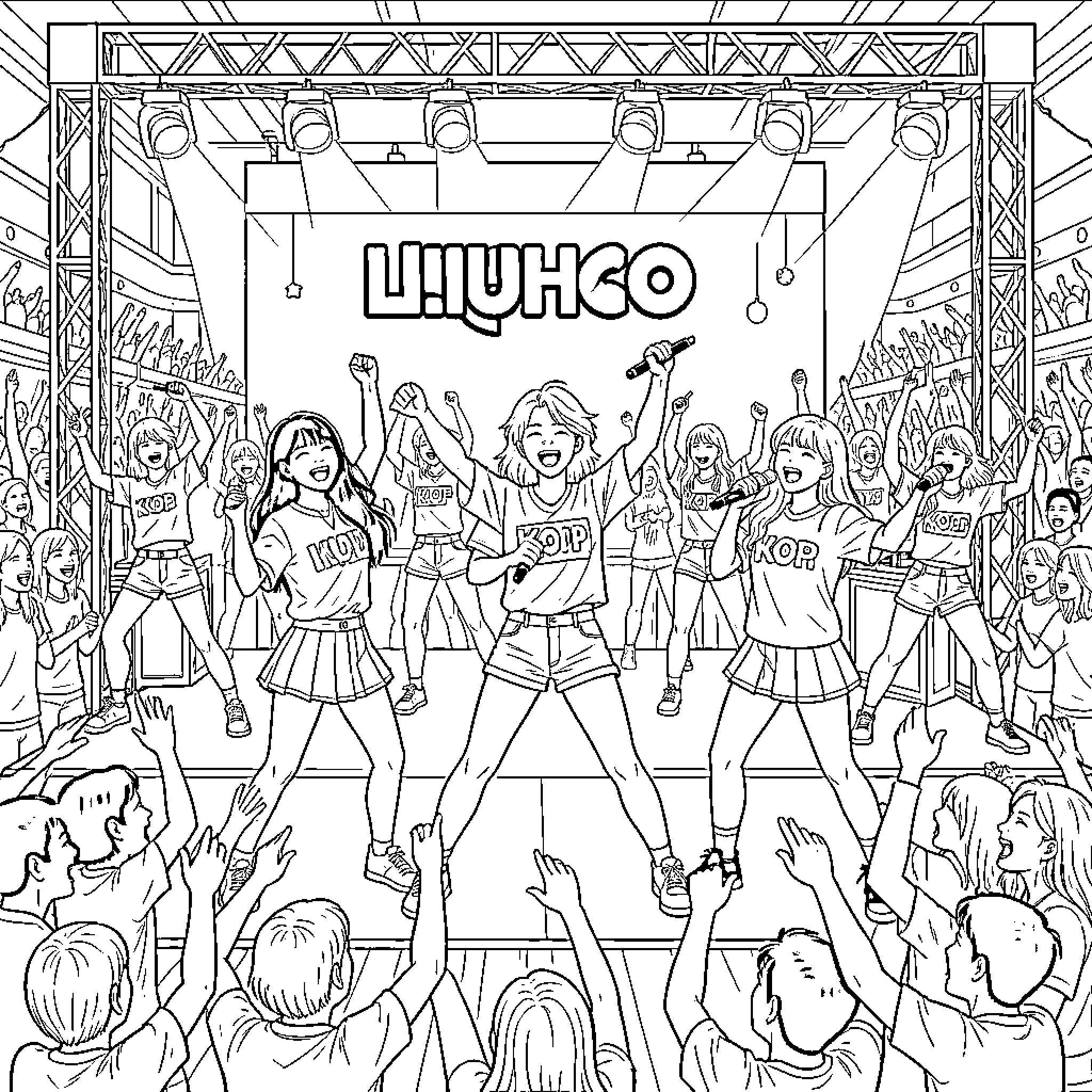 K Pop idols performing energetically on a concert stage Coloring Page (free black-and-white line drawing printable PDF for all, from beginners to advanced learners, including children, teens, adults, and seniors)