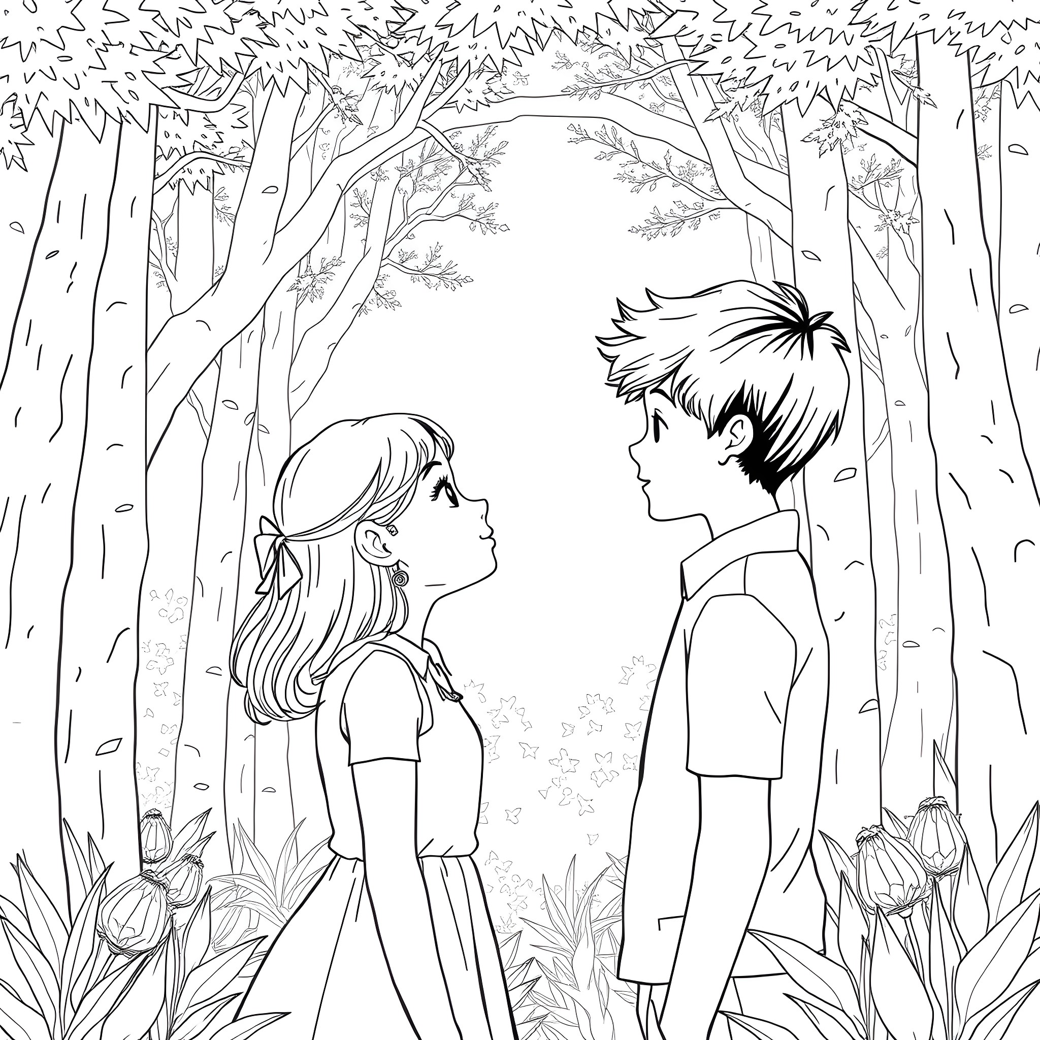Girl and Boy in a Whimsical Forest Setting Coloring Page (free black-and-white line drawing printable PDF for all, from beginners to advanced learners, including children, teens, adults, and seniors)