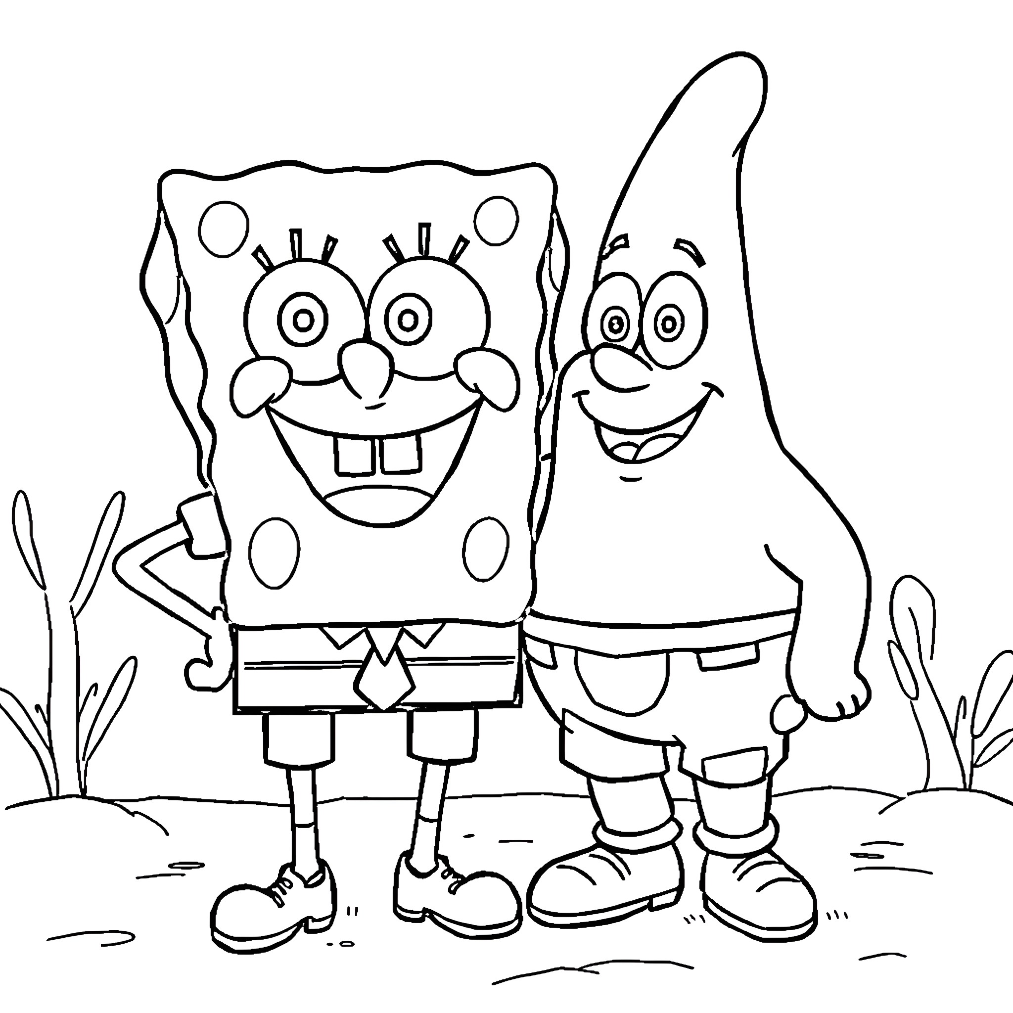 Spongebob and Patrick enjoying a playful adventure Coloring Page (free black-and-white line drawing printable PDF for all, from beginners to advanced learners, including children, teens, adults, and seniors)